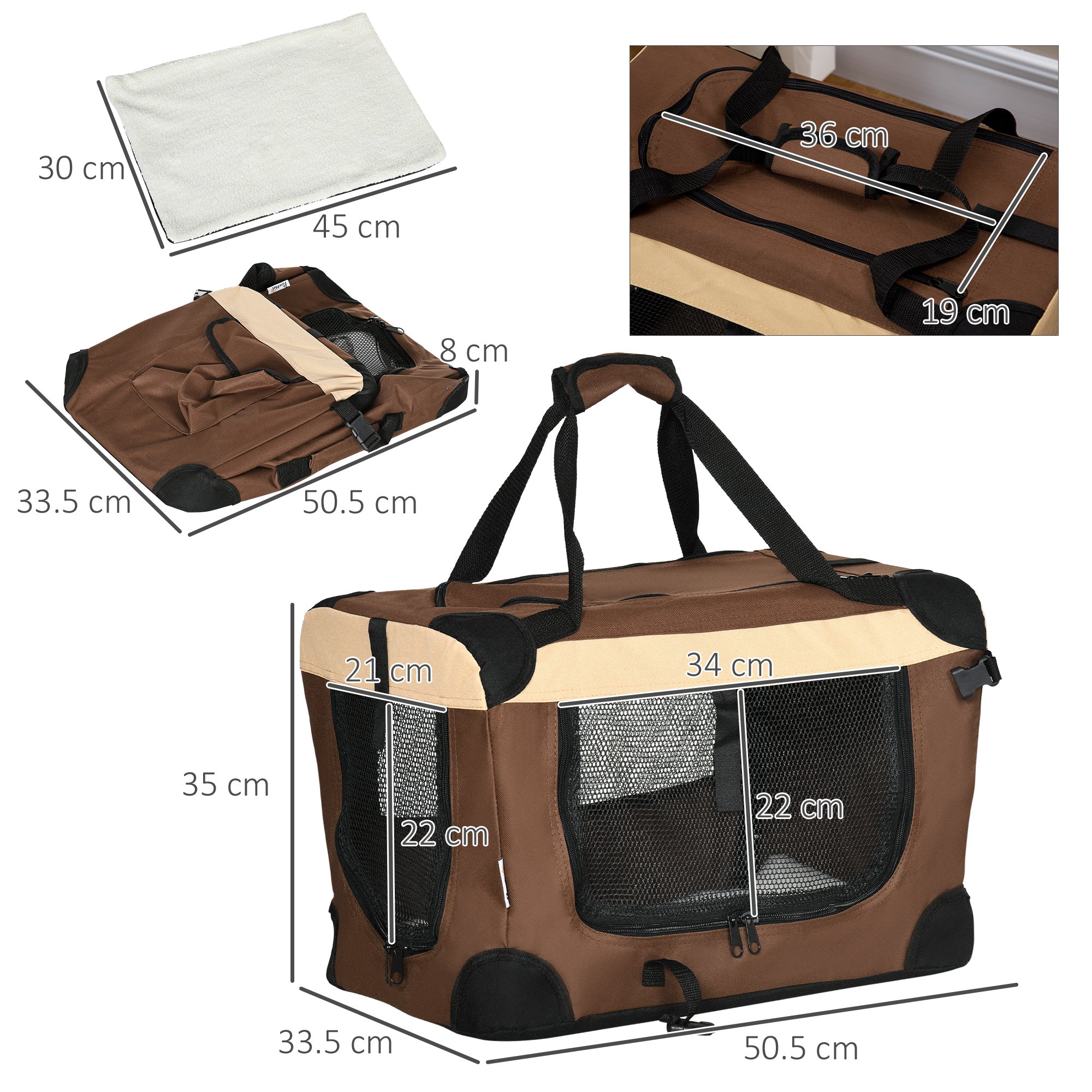 51cm Foldable Pet Carrier, Dog Cage, Portable Cat Carrier, Cat Bag, Pet Travel Bag with Cushion for Miniature Dogs, Brown