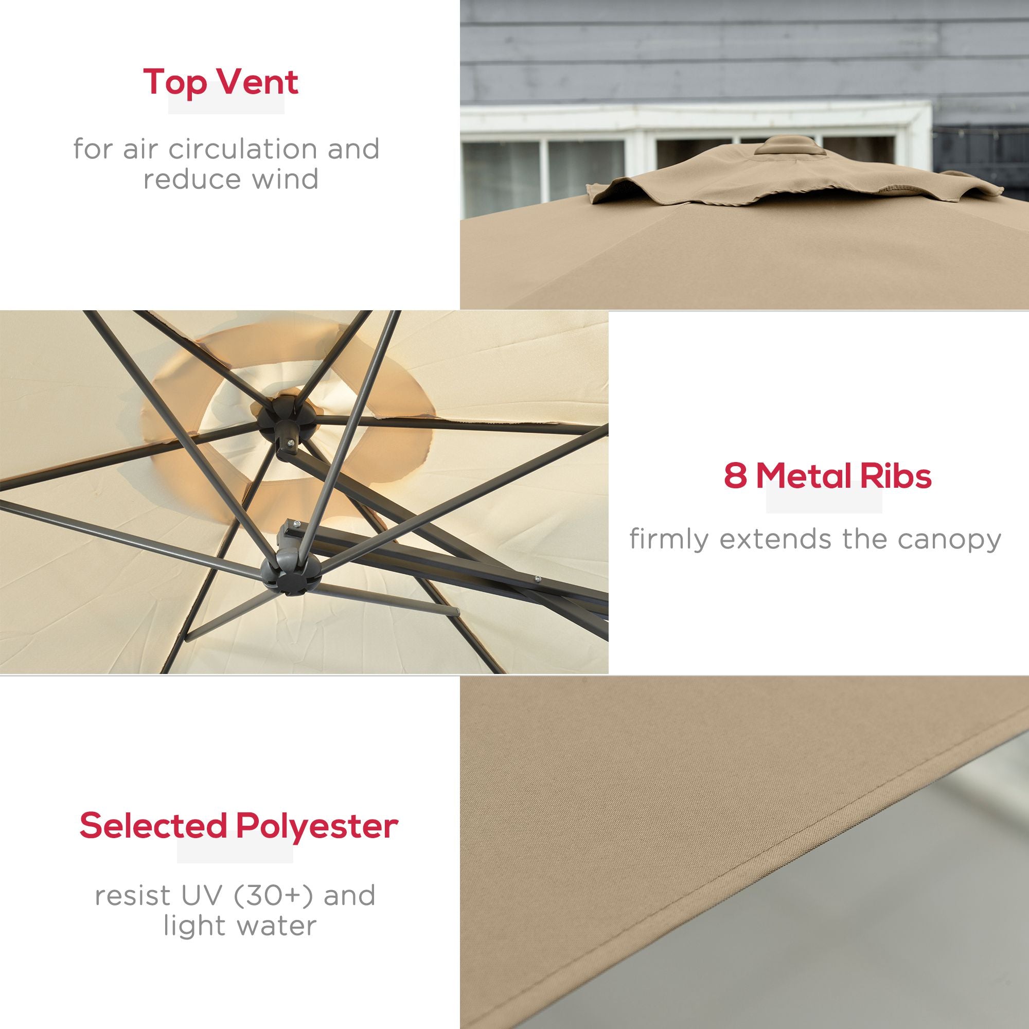 3m Cantilever Patio Parasol with Easy Lever Crank, Cross Base & 6 Metal Ribs - Cream White