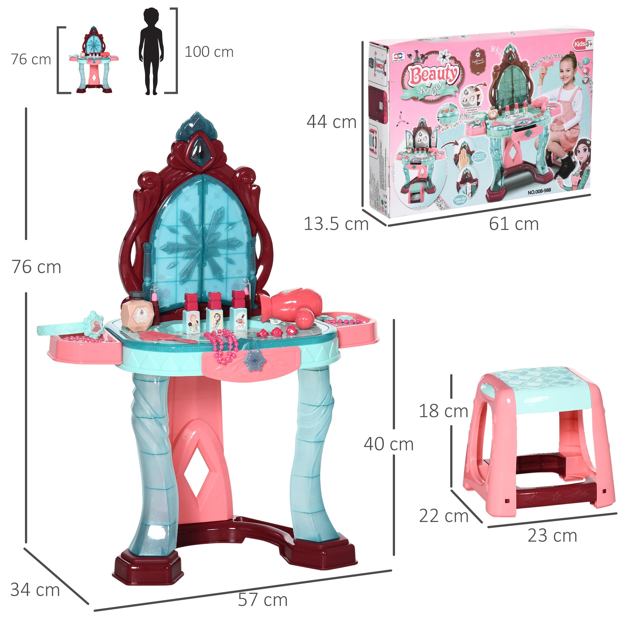 31 PCS Kids Dressing Table Set with Magic Princess Mirror, Musical Pretend Toy W/ Beauty Kit Mirror Light & Music, for 3-6 Years Old Blue+Pink