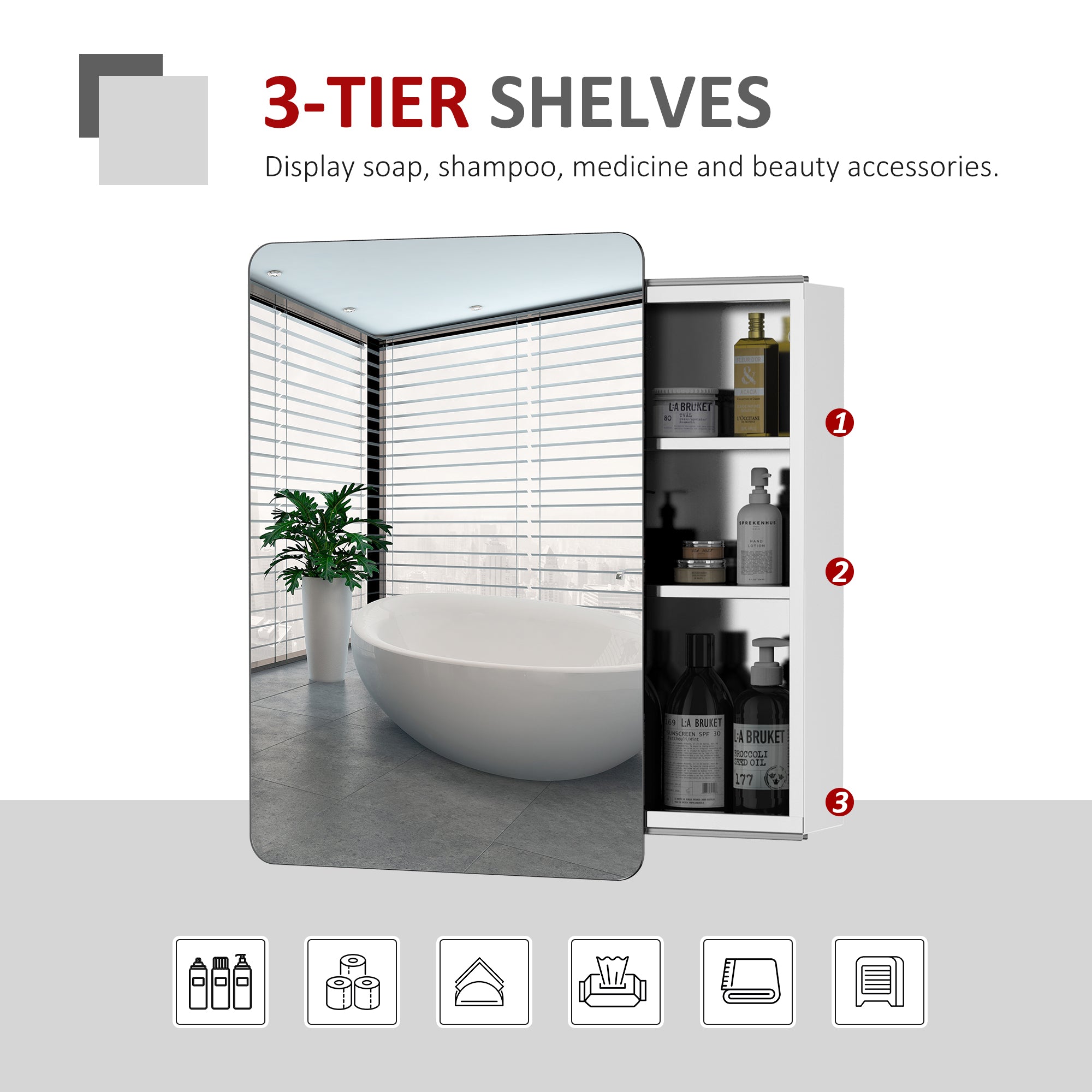 On-Wall Mounted Bathroom Storage Cabinet w/Sliding Mirror Door 3 Shelves Stainless Steel Frame