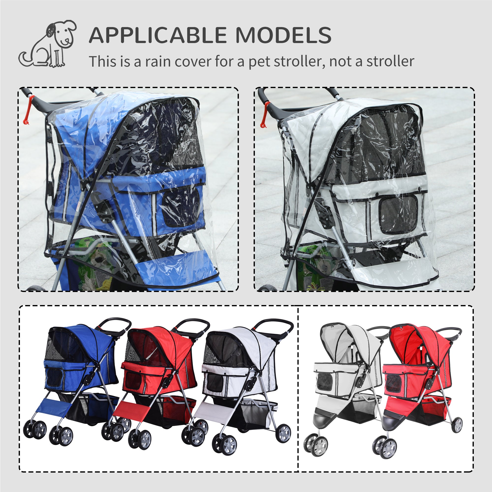 Dog Stroller with Rain Cover for Small Miniature Dogs, Folding Pet Pram with Cup Holder, Storage Basket, Reflective Strips, Grey