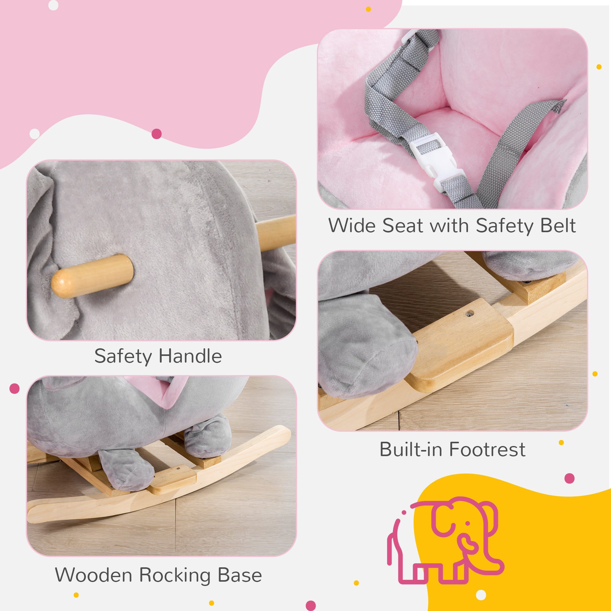 Baby Rocking Horse Elephant Rocking Chair Rocker Toy with Wooden Base Seat Safety Belt for 1.5-3 Year Old, Grey