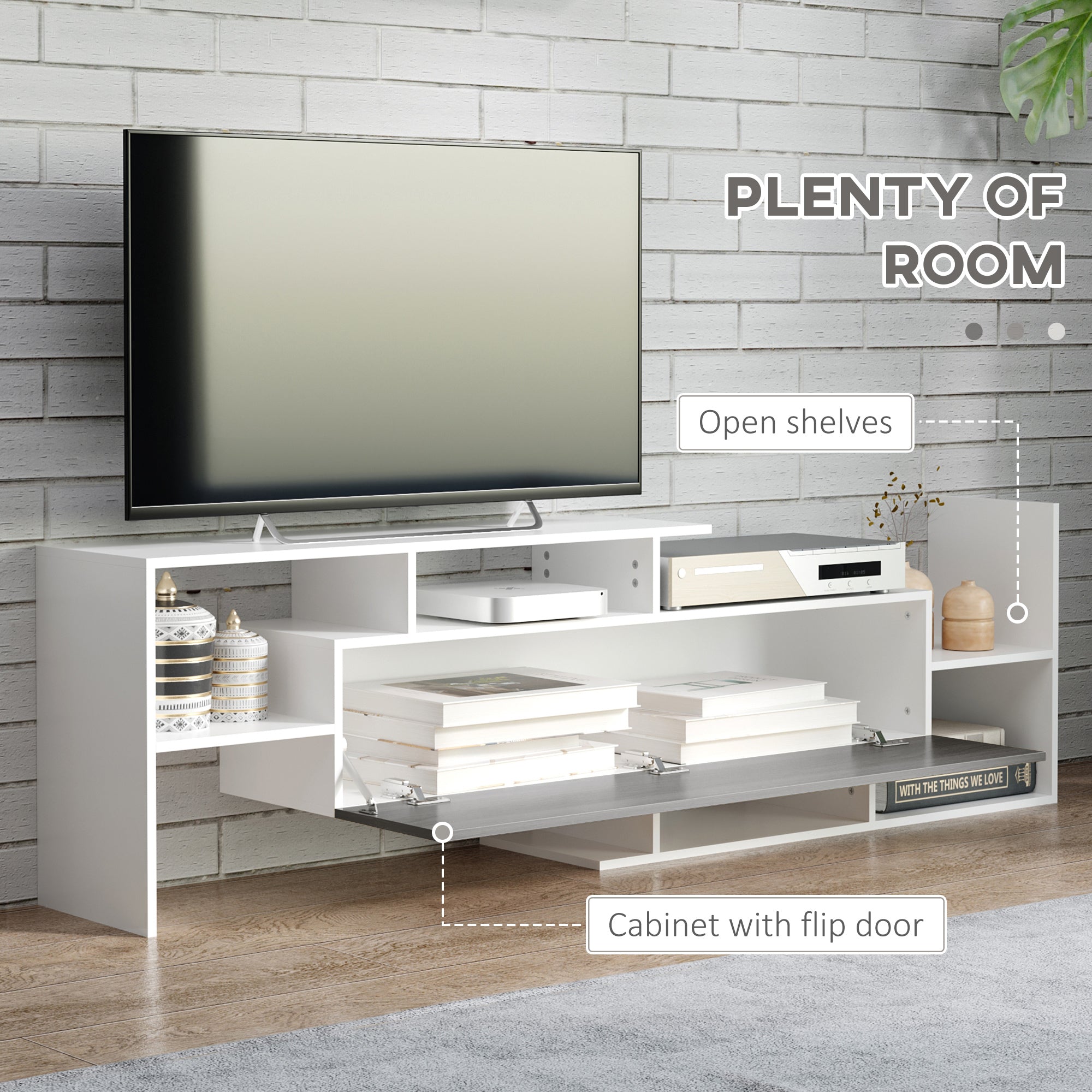 TV Unit with Storage for Wall-Mounted 65" TVs or Standing 50" TVs, TV stand set w/ a Wall Shelf & a Cabinet, Living Room Bedroom-White & Grey