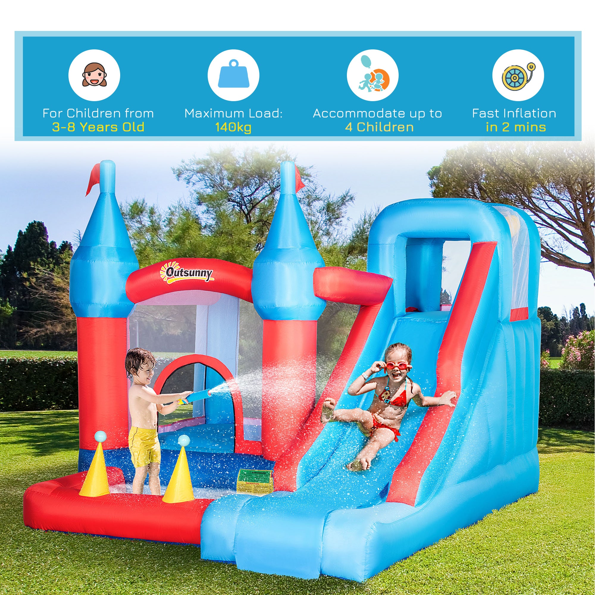 5 in 1 Kids Bounce Castle Large Inflatable House Trampoline Slide Water Pool Climbing Wall with 450W Inflator Carrybag for Kids Age 3-8