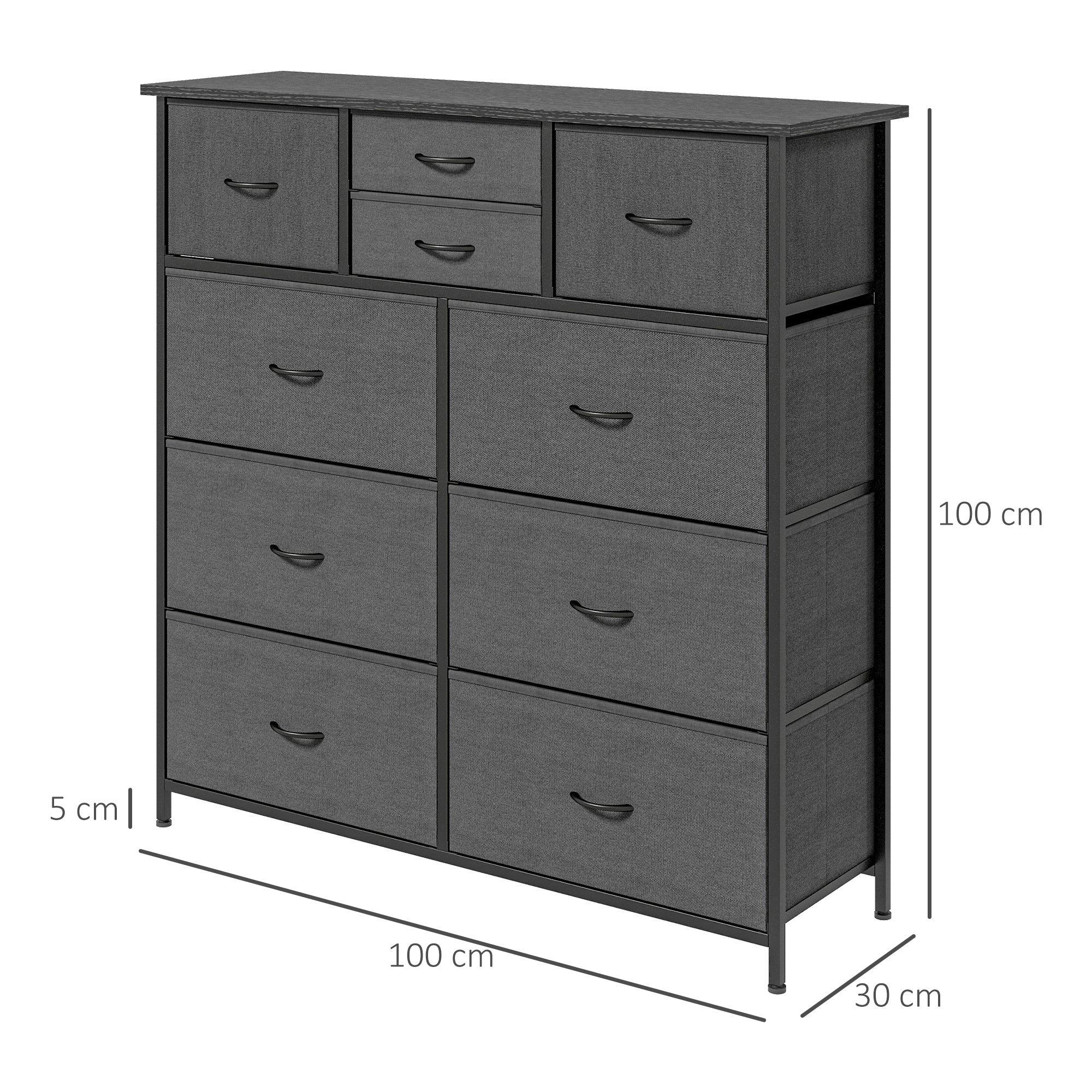 Bedroom Chest of Drawers, 10 Drawer Dresser with Foldable Fabric Drawers and Steel Frame, Black