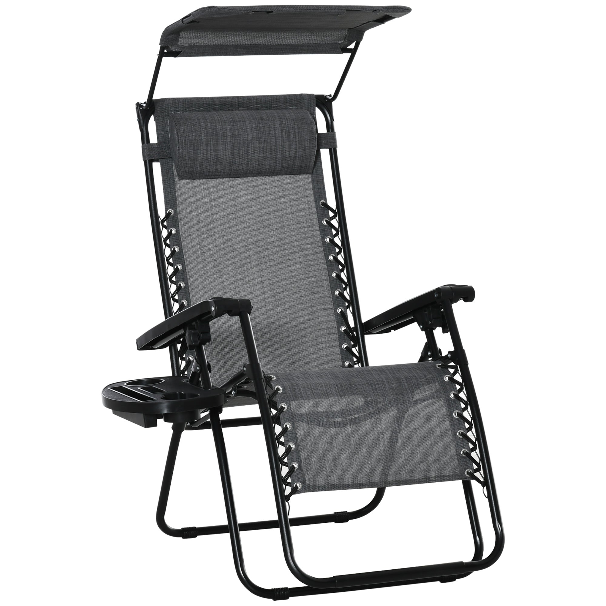 Zero Gravity Garden Deck Folding Chair Patio Sun Lounger Reclining Seat with Cup Holder & Canopy Shade - Grey