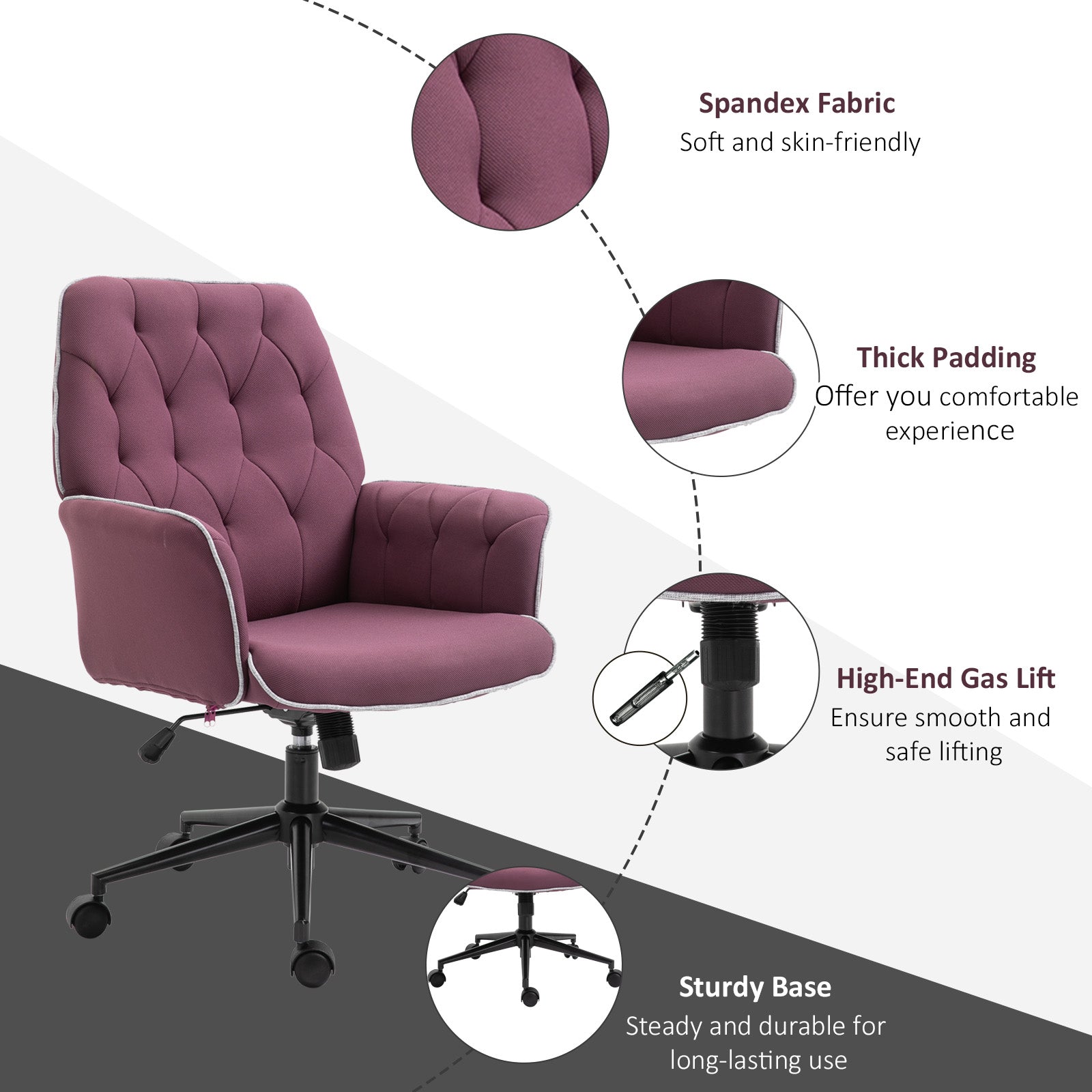 Linen Office Swivel Chair Mid Back Computer Desk Chair with Adjustable Seat, Arm - Purple
