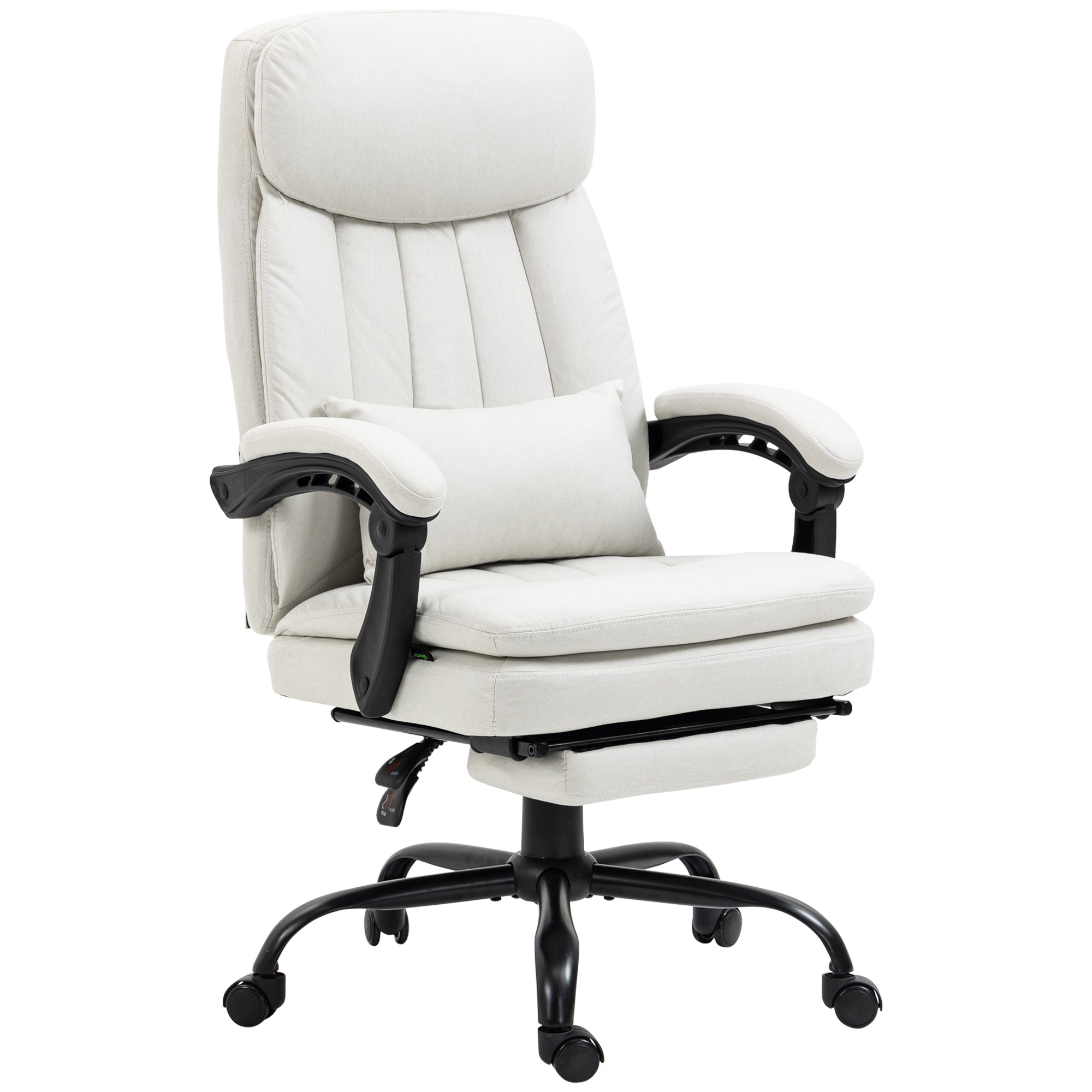 Vibration Massage Office Chair w/ Heat, Microfibre Computer Chair w/ Footrest, Lumbar Support Pillow, Armrest, Reclining Back, Cream White