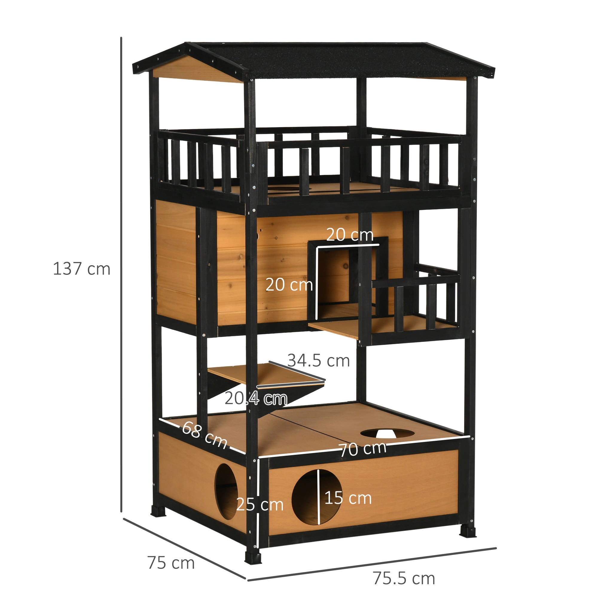 Wooden Cat House 3-Tier for Winter Kitten Shelter Lodge w/ Tilted Roof Terrace Jump Step Bottom Tray Elevated Base, Yellow