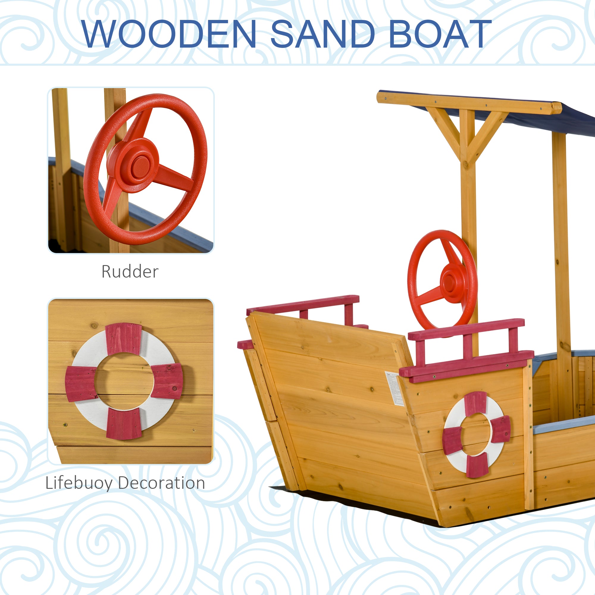 Kids Wooden Sandbox Play Station, Covered Children Sand boat Outdoor, for Backyard, w/ Canopy Shade, Aged 3-8 Years Old, Orange