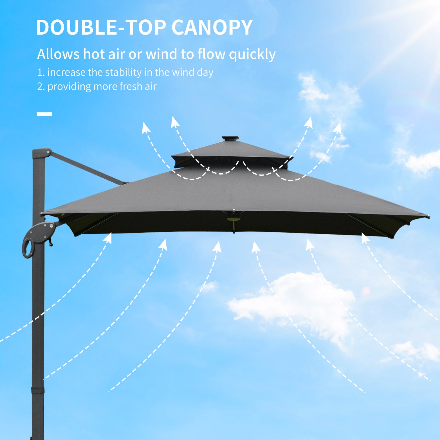 3 x 3(m) Cantilever Roma Parasol Garden Sun Umbrella Outdoor Patio with LED Solar Light Cross Base 360° Rotating for Backyard Dark Gray
