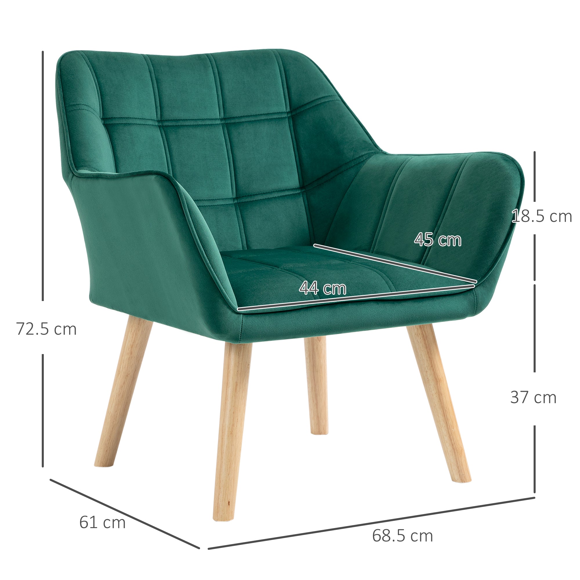 Armchair Accent Chair, Vanity Chair with Wide Arms, Slanted Back, Padding, Metal Frame, Wooden Legs, Home Bedroom Furniture Seating, Set of 2, Green