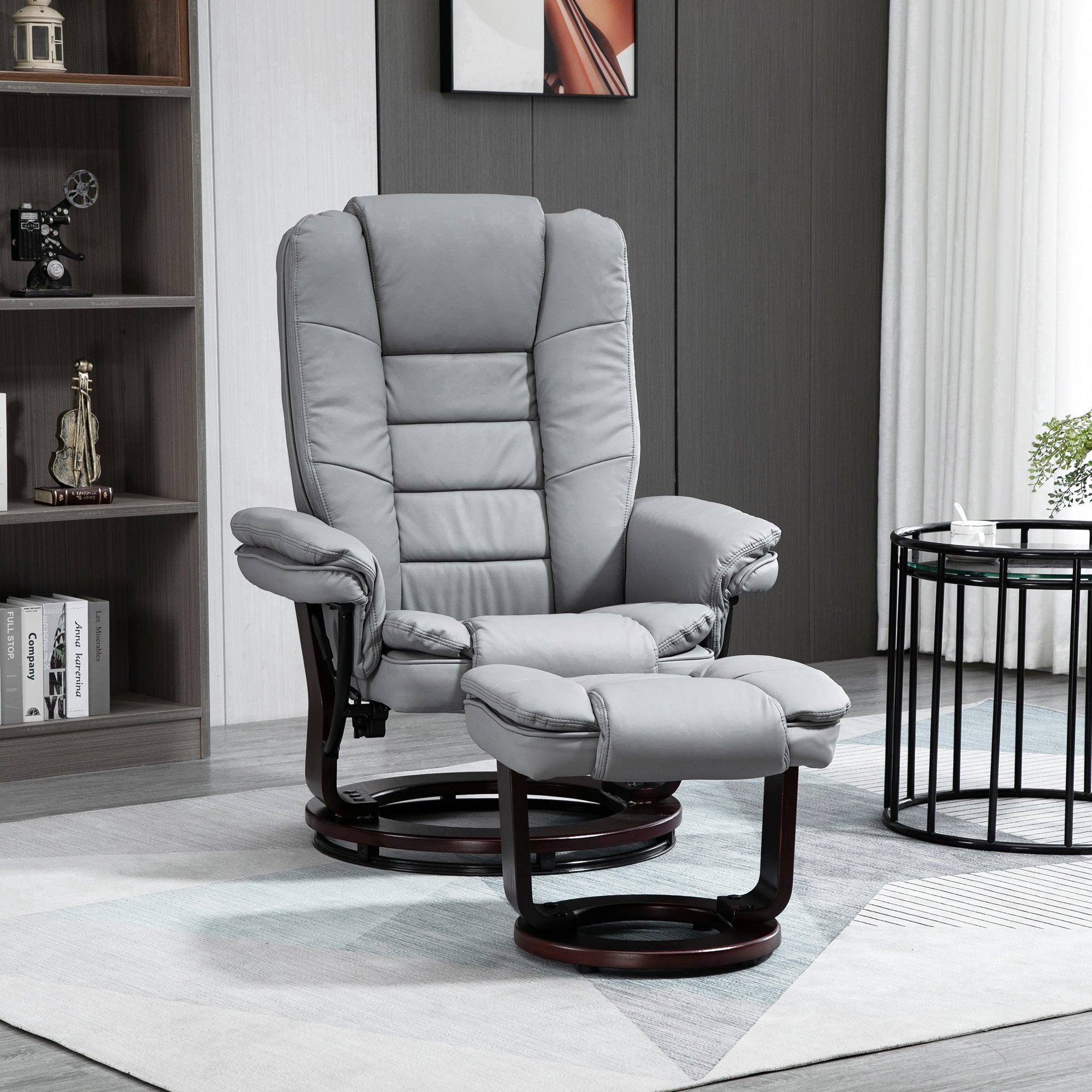 Manual Recliner and Footrest Set PU Leather Leisure Lounge Chair Armchair with Swivel Wood Base, Grey