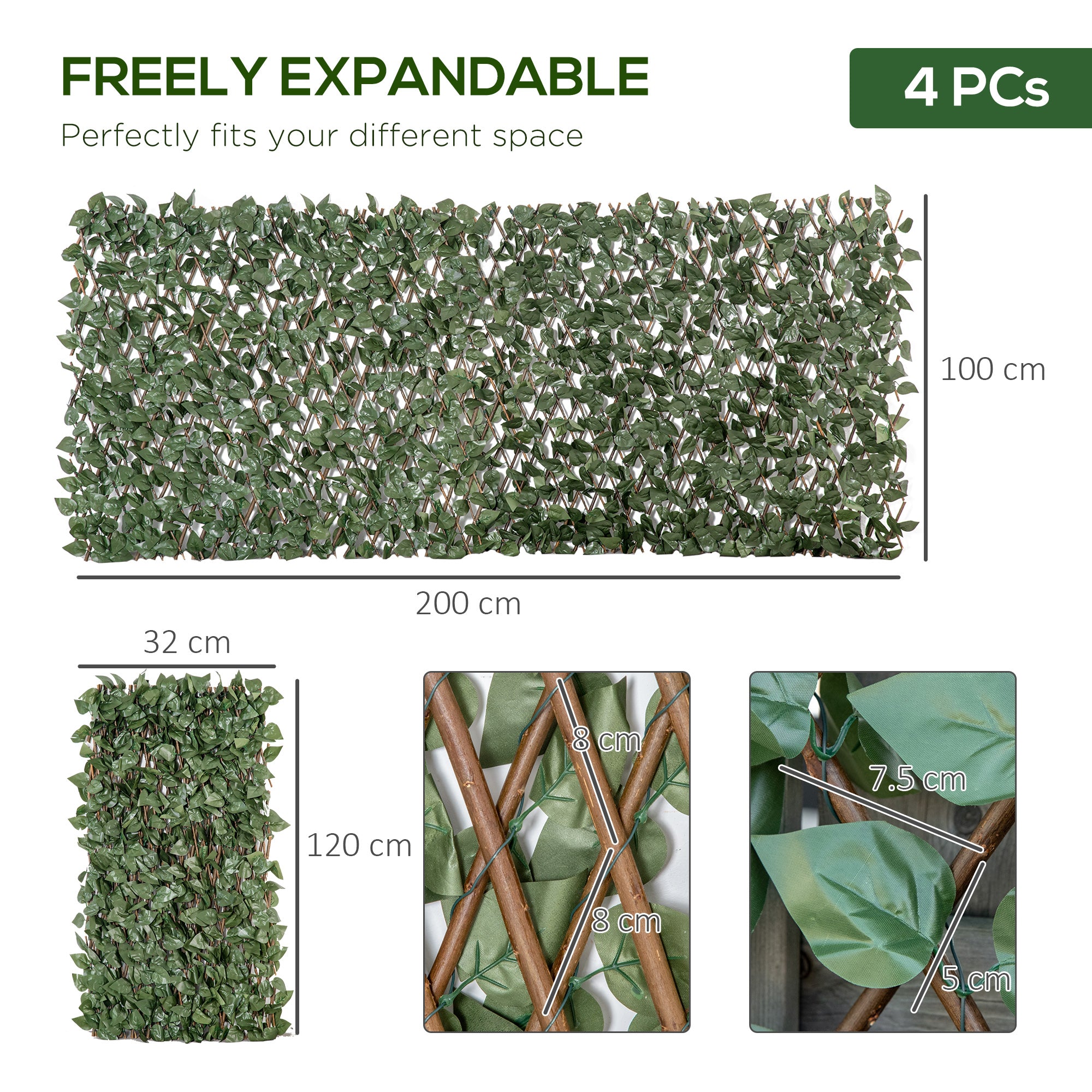 4 Pieces Expanding Artificial Laurel Trellis Fence 2m x 1m Privacy Screen - Green