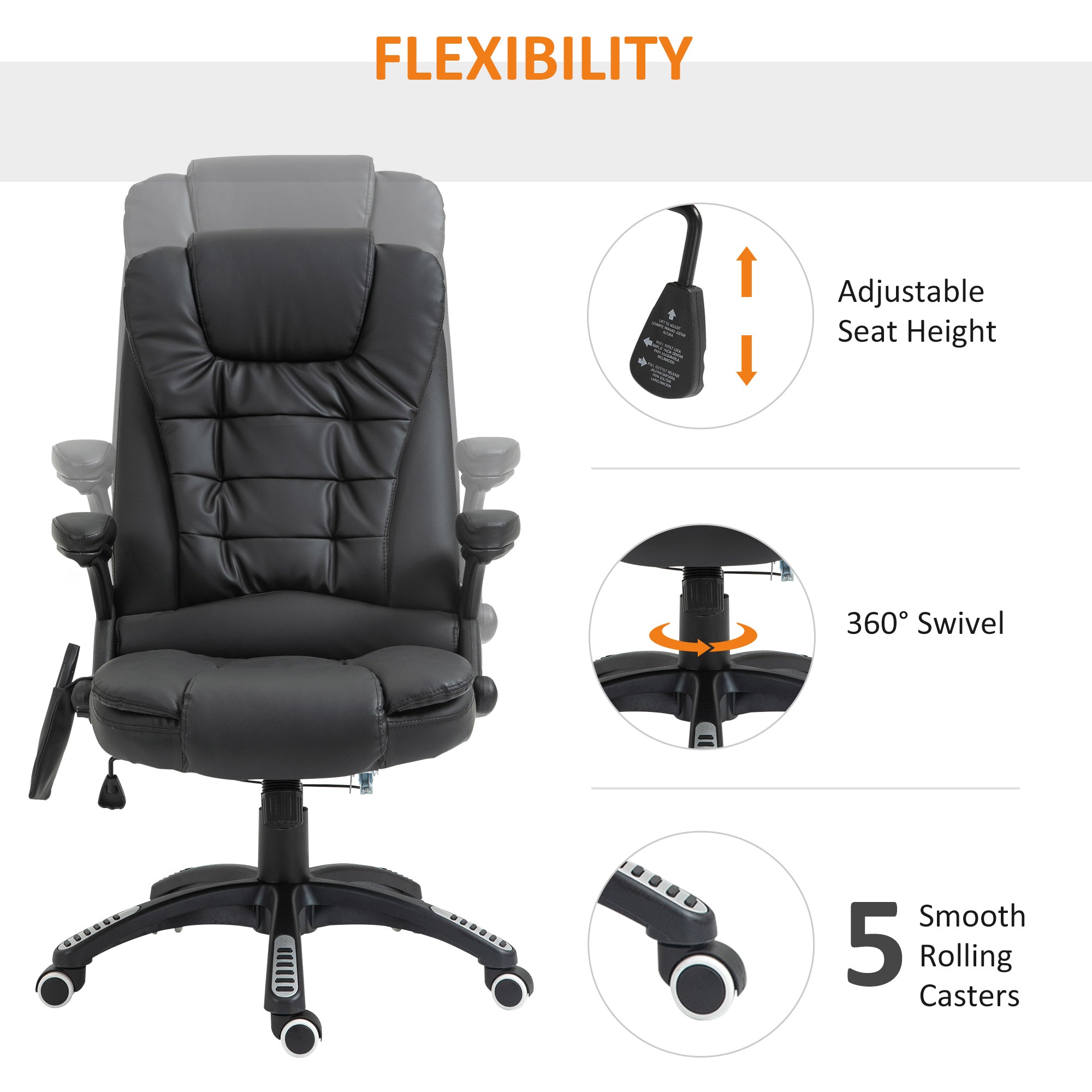 Massage Chair with Heat, High Back PU Leather Executive Office Chair W/ Tilt and Reclining Function, Black