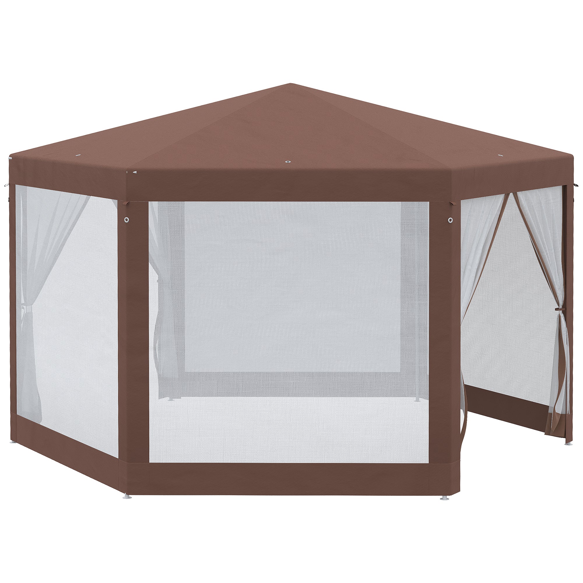 Hexagonal Garden Gazebo with Mosquito Netting and Zipped Doors - Brown