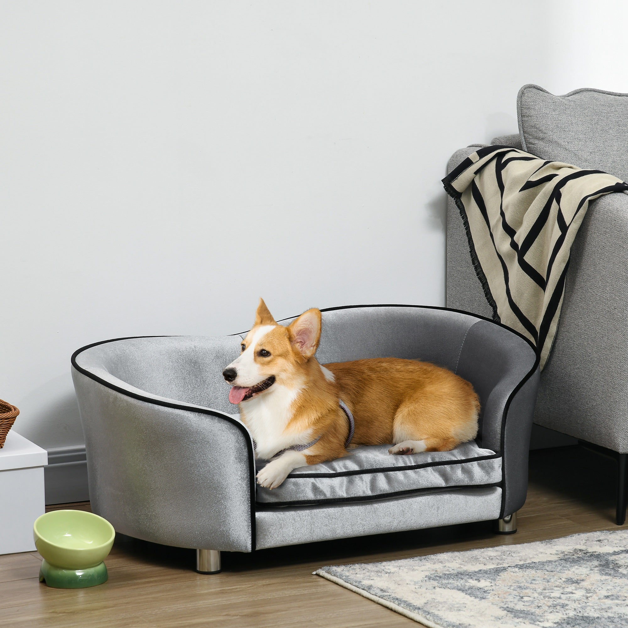 Dog Sofa Bed for Miniature Dogs, Pet Chair Couch Kitten Lounge with Soft Washable Cushion, Thick Sponge, Wooden Frame, Storage Pocket