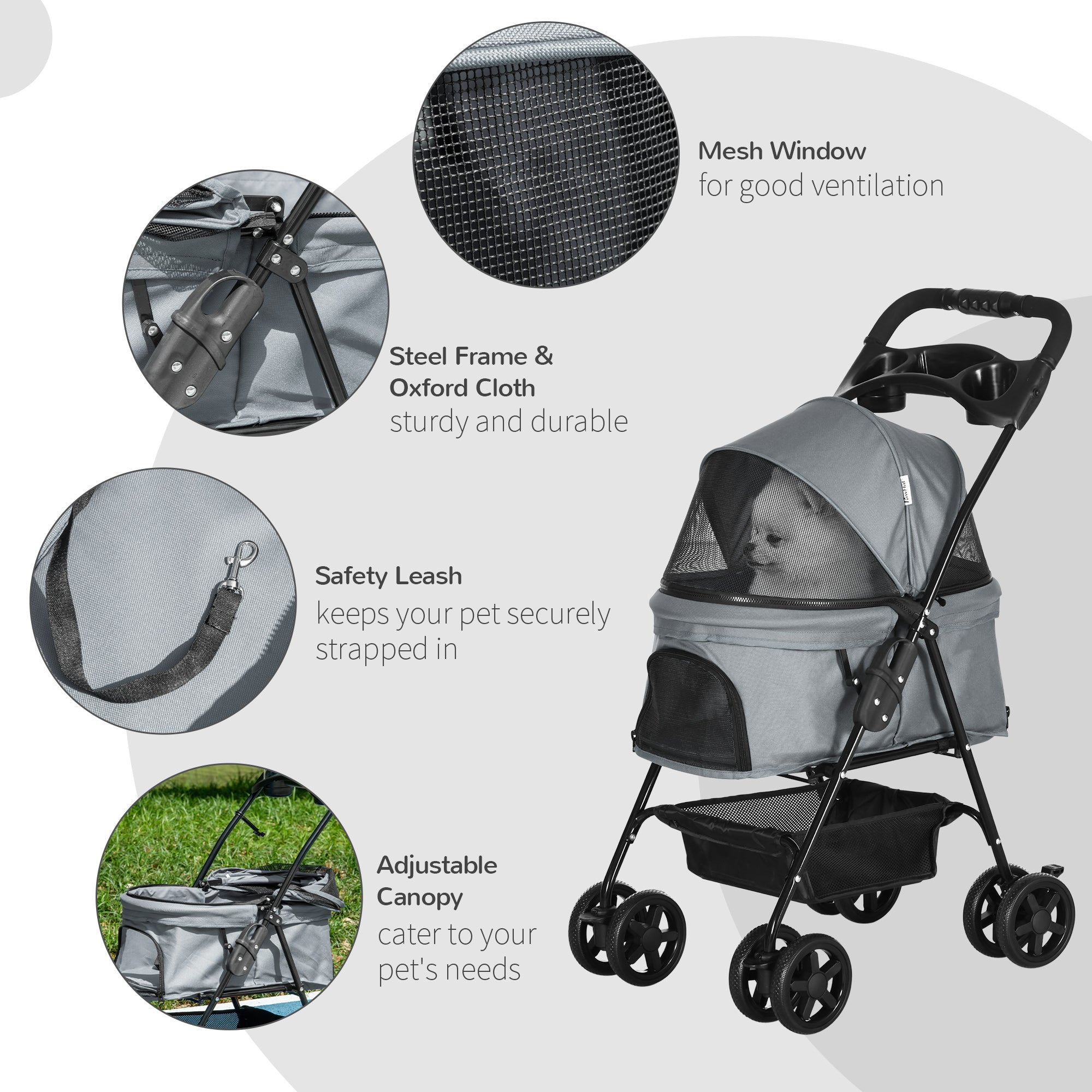 No-Zip Pet Stroller Dog Cat Travel Pushchair One-Click Fold Trolley Jogger with EVA Wheels Brake Basket Adjustable Canopy Safety Leash Grey