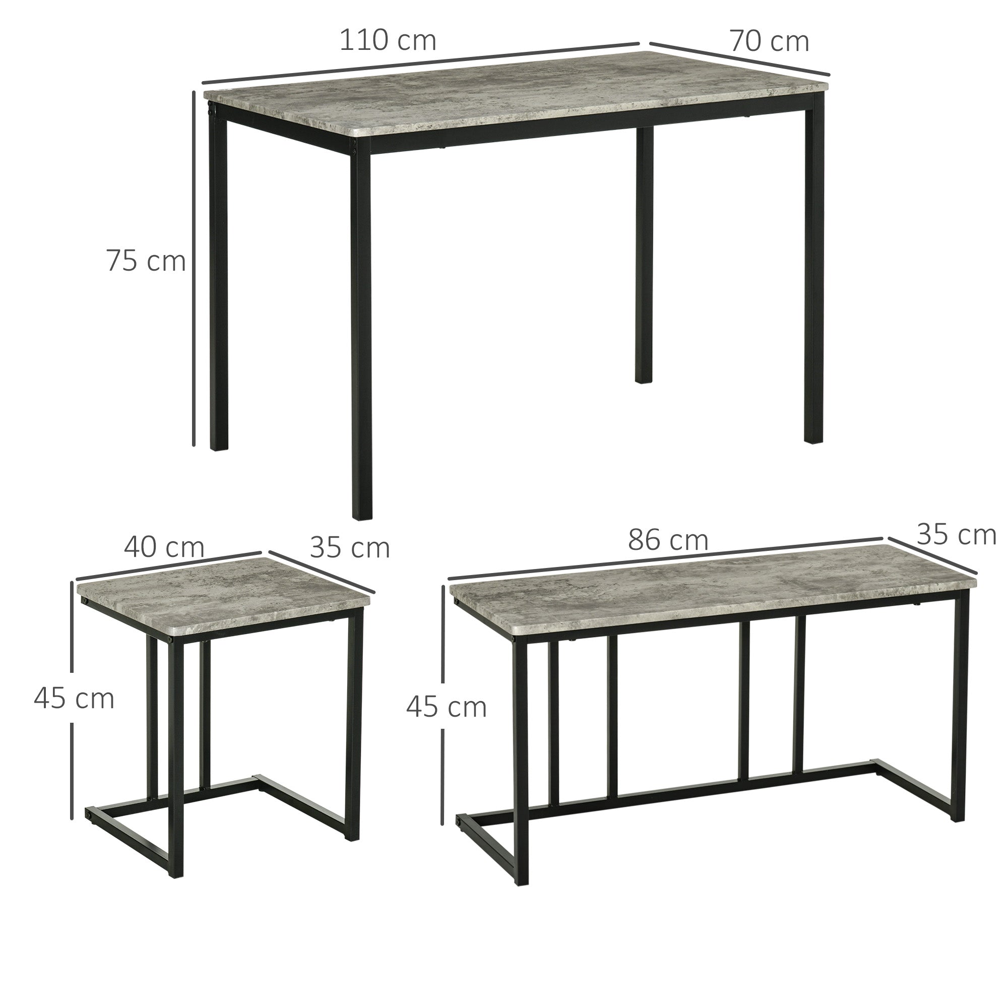 Dining Table and Chairs Set for 4 People, Concrete Effect Kitchen Table and Bench Set with Steel Frame, 4 Piece Dining Room Sets, Grey