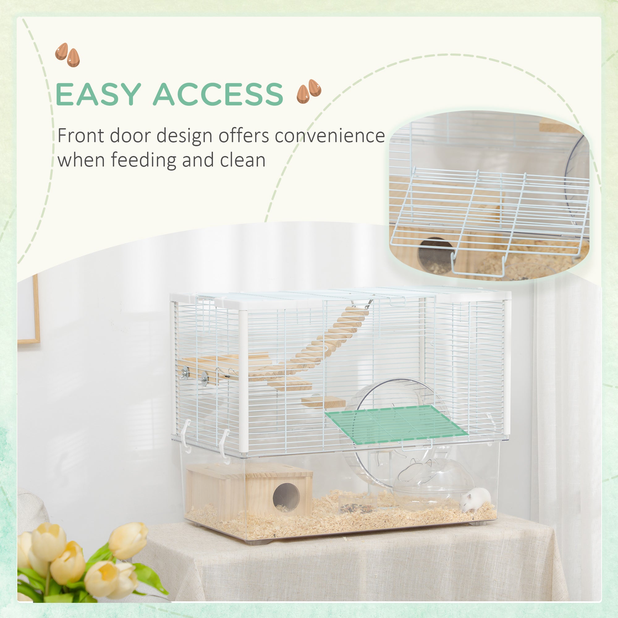 Hamster Cage, Gerbilarium Cage, Wooden Ramp, Exercise Wheel, Food Bowl, Natural Tone and White