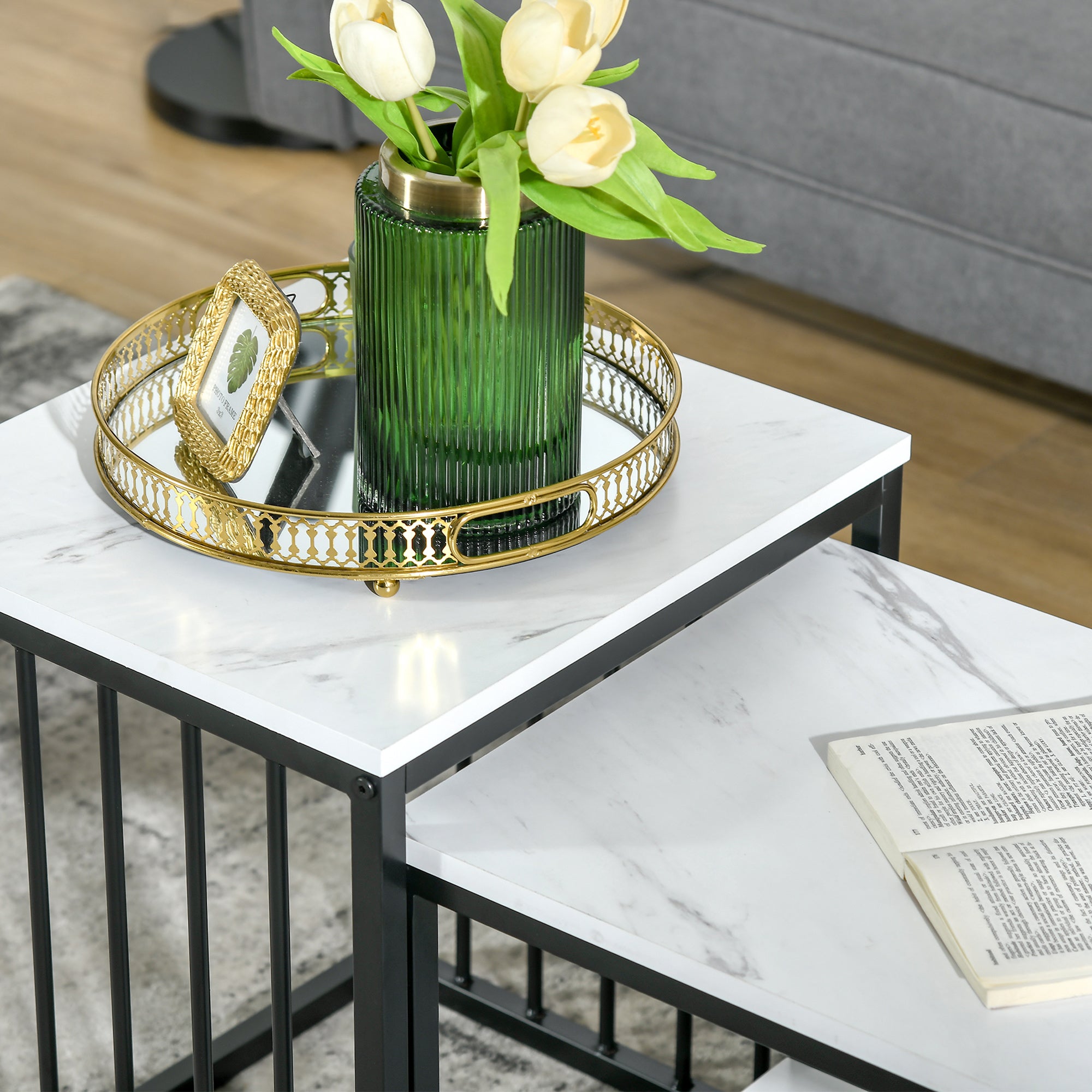 Modern Coffee Table Set of Two, Marble-Effect Nest of Tables with Steel Frame for Living Room, White and Black