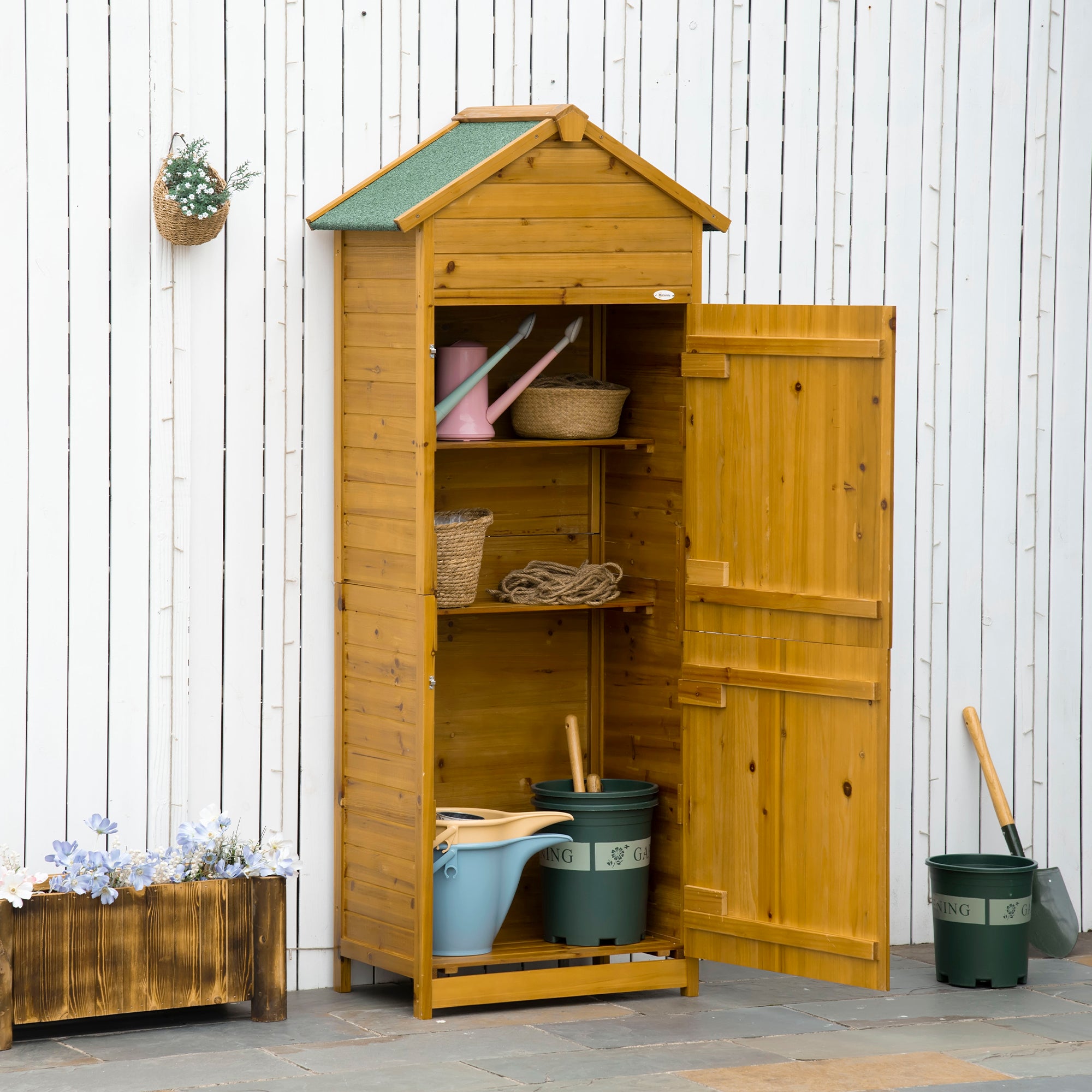 Wooden Garden Storage Shed Utility Gardener Cabinet w/ 3 Shelves and 2 Door, 191.5cm x 79cm x 49cm, Natural Wood Effect