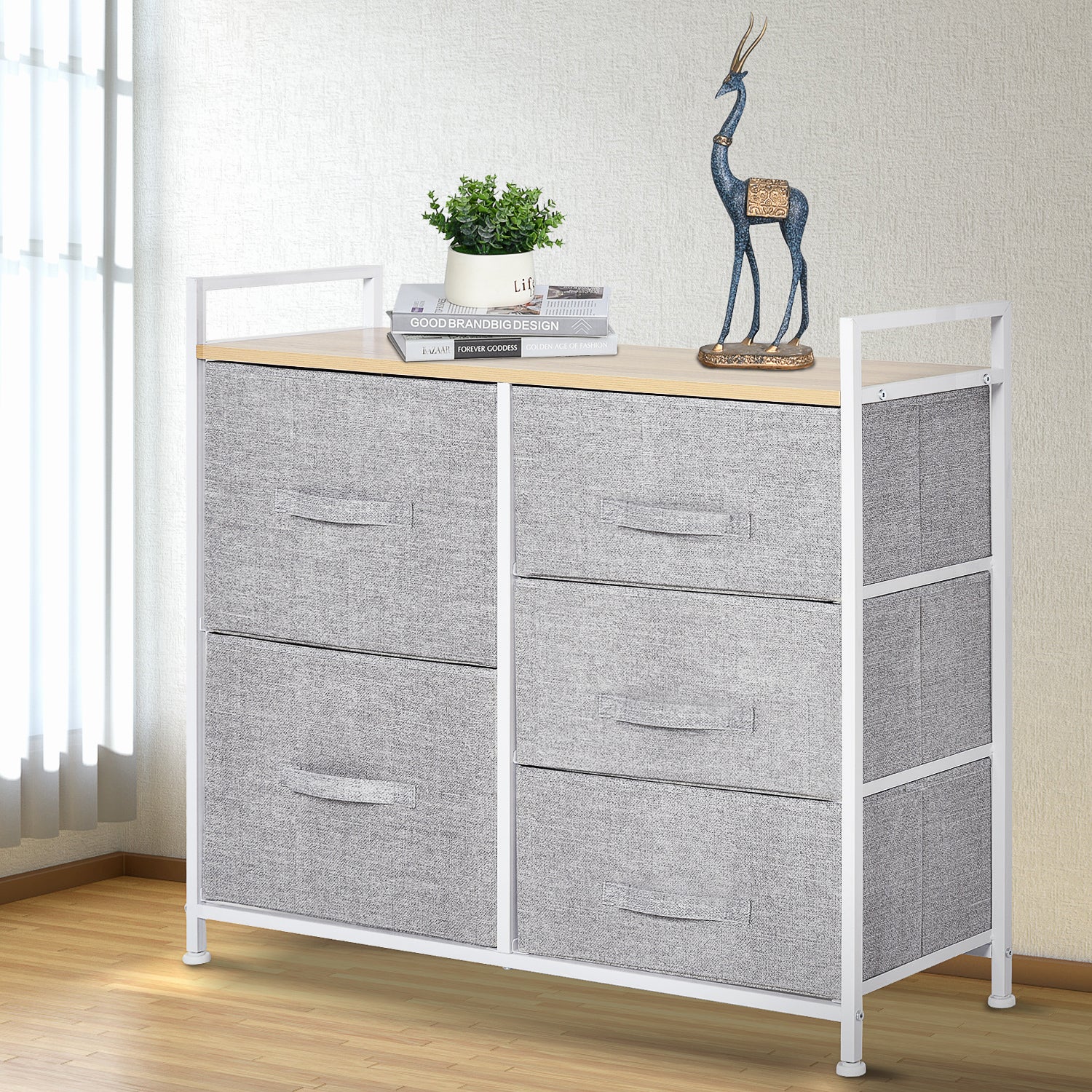 5 Drawer Linen Storage Chest Home Organisation w/ Shelf Handles Metal Frame Adjustable Feet Hallway Home Dresser Grey