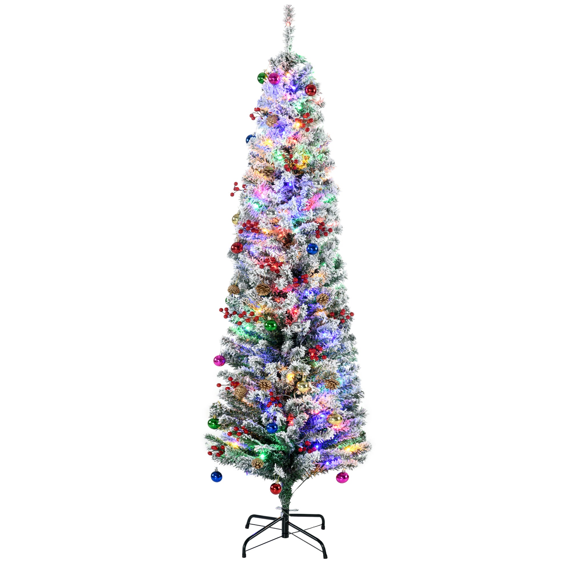 6' Artificial Prelit Christmas Trees Holiday Décor with Warm White LED Lights, Flocked Tips, Berry, Pine Cone