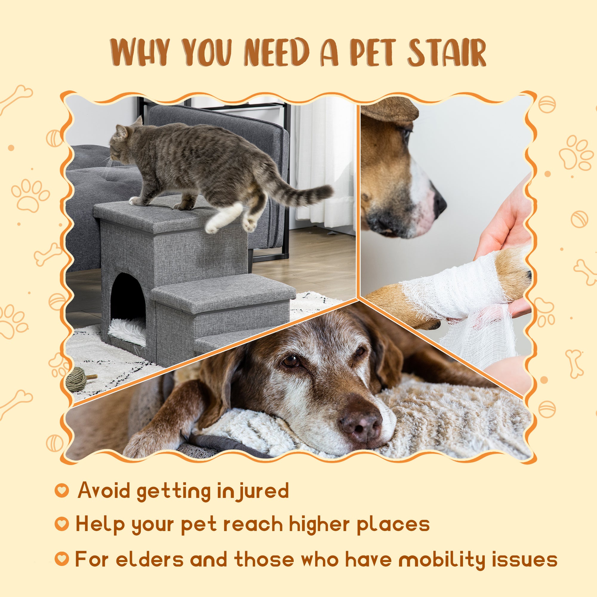 Dog Steps 3-step Pet Stairs with Kitten House and 2 Storage Boxes, 3 in 1 Dog Ramp for Sofa with Washable Plush Cushion