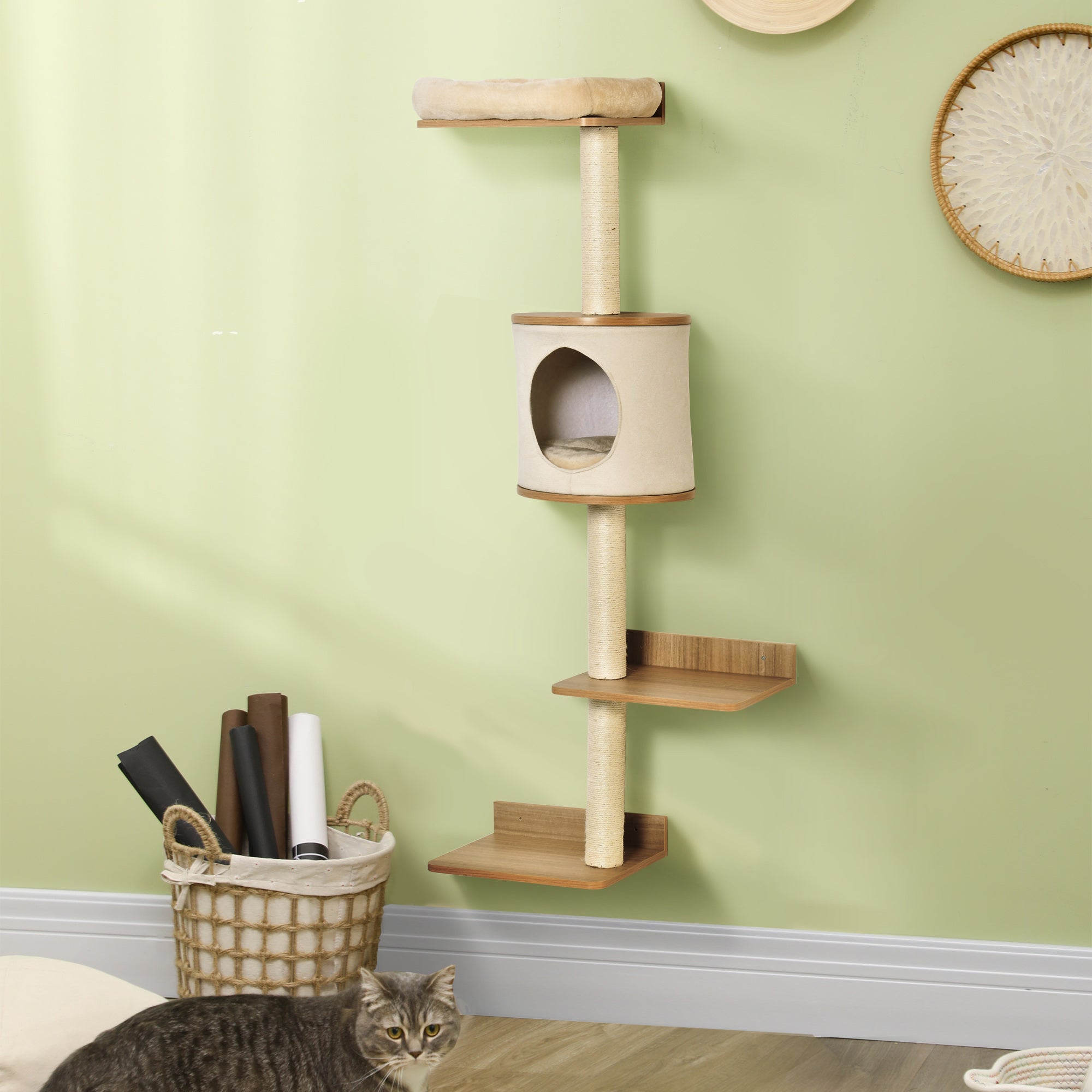 Cat Tree for Indoor Cats Wall-Mounted Cat Shelf Shelter Kitten Perch Climber Furniture w/ Condo Bed Scratching Post – Beige