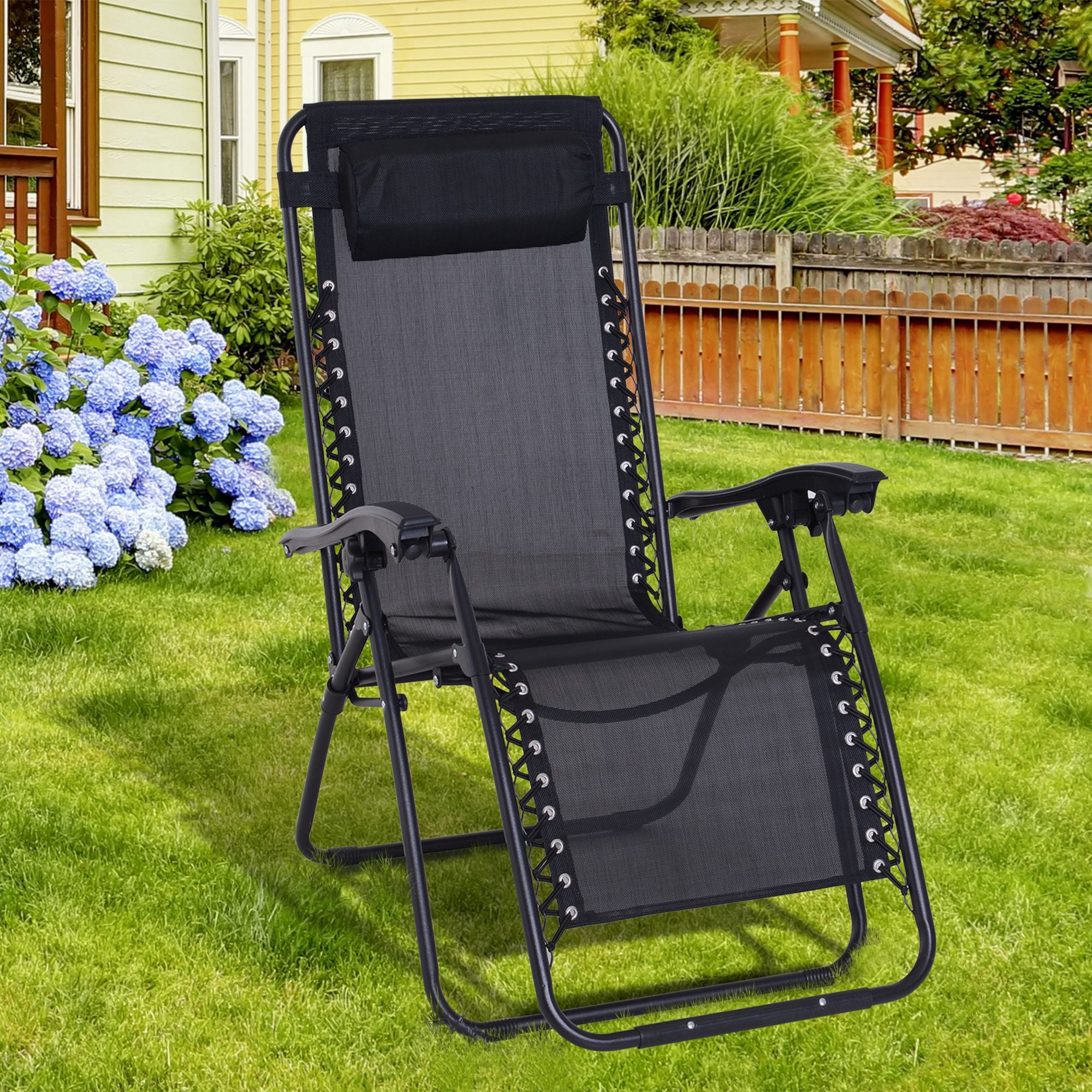 Zero Gravity Chair Metal Frame Armchair Outdoor Folding & Reclining Sun Lounger with Head Pillow for Patio Decking Gardens Camping, Black