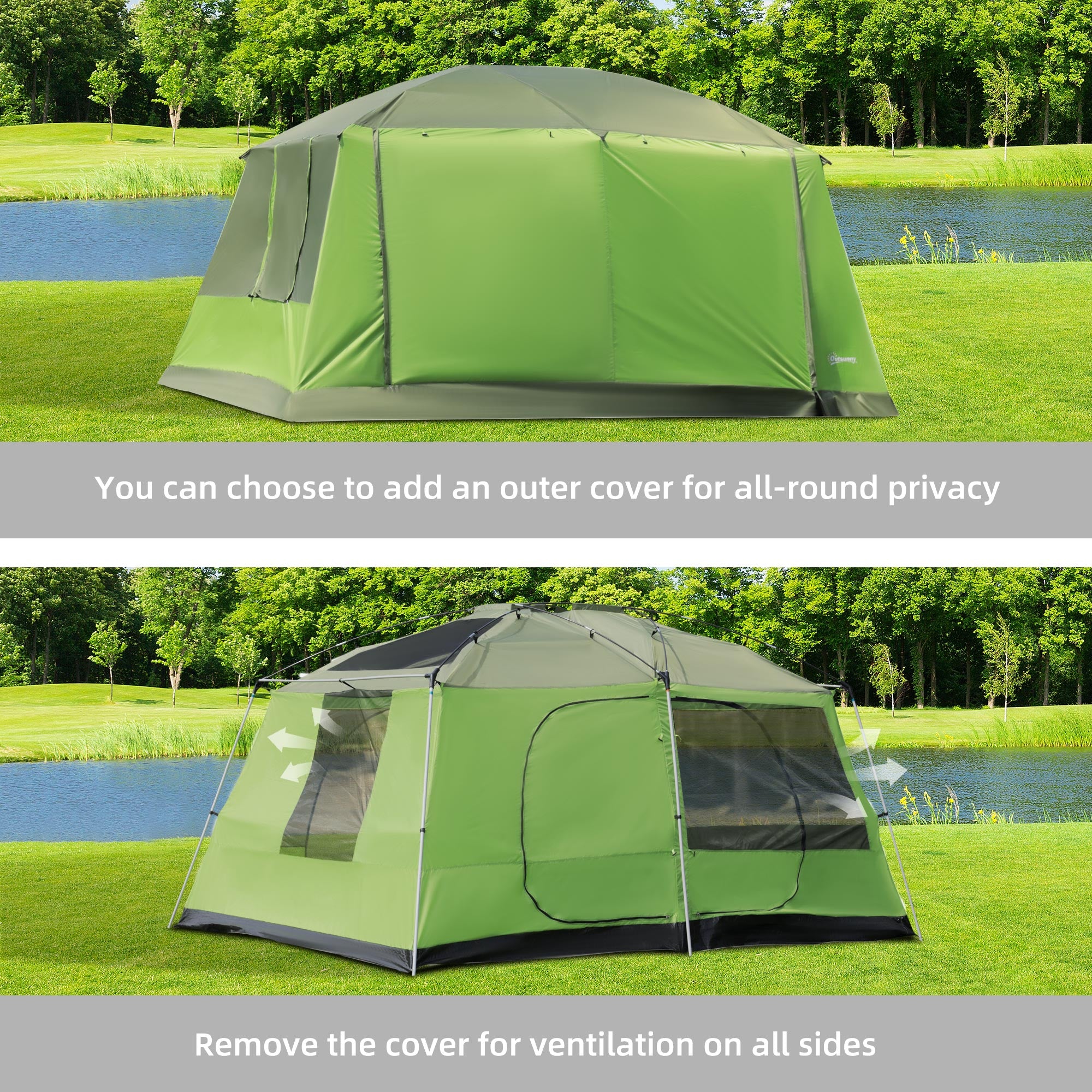 Two Room Dome Tent for 4-8 People with Porch and Mesh Windows - Green
