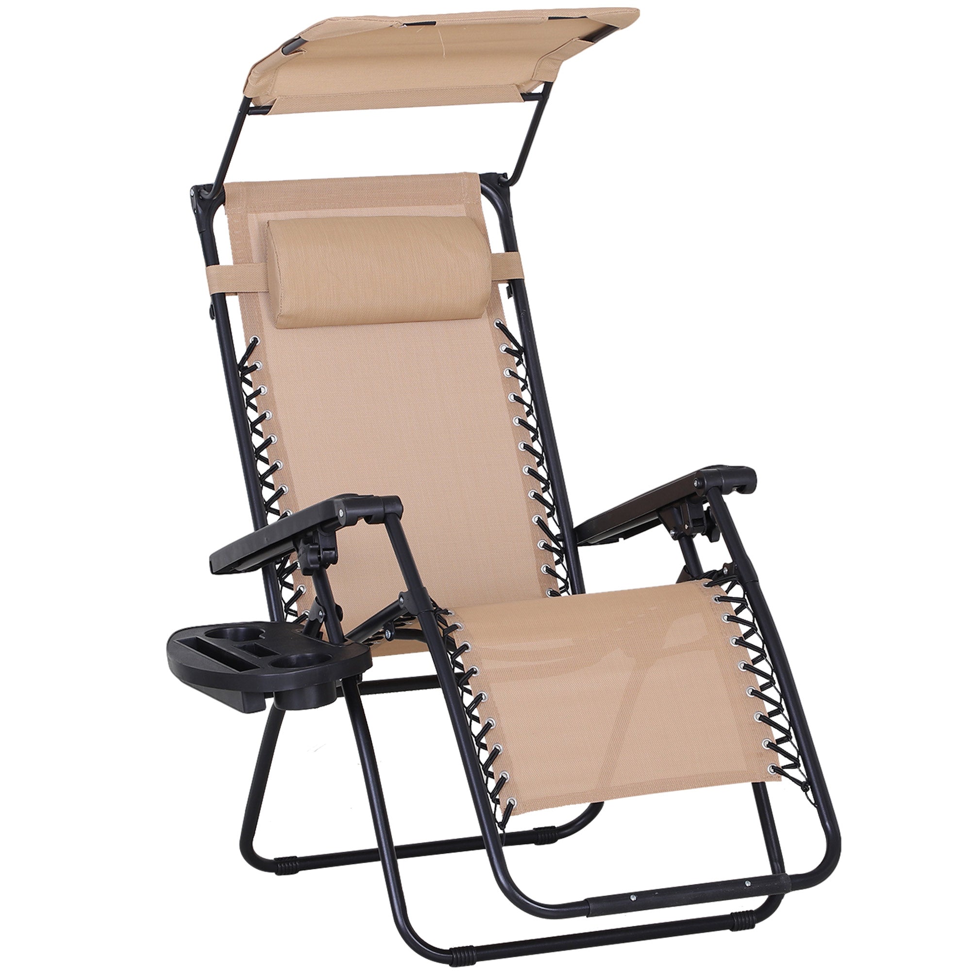 Zero Gravity Garden Deck Folding Chair Patio Sun Lounger Reclining Seat with Cup Holder & Canopy Shade - Beige