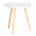 Flower Etched Saucer Top Side Table with Wood Legs for Living Room Bedroom - White