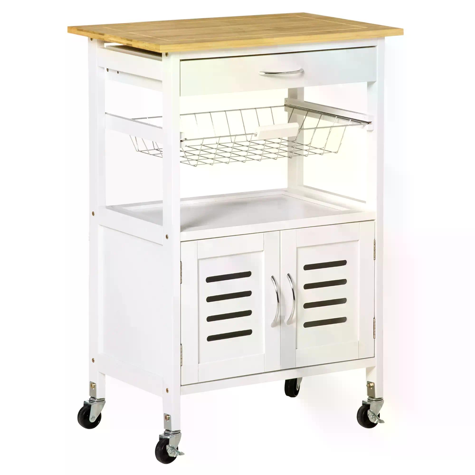 Rolling Kitchen Island Trolley Utility Cart on Wheels with Bamboo Table Top, Storage Cabinet, Drawer and Wire Basket - White