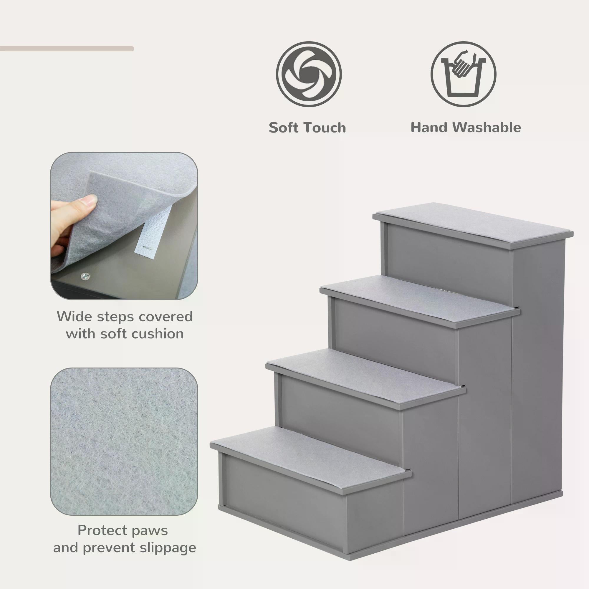 4 Step Wooden Cushioned Pet Stairs Ramp Steps for Dogs, Cat Ladder for Bed Couch with Non-Slip Carpet, 40 x 59 x 54.2 cm, Grey