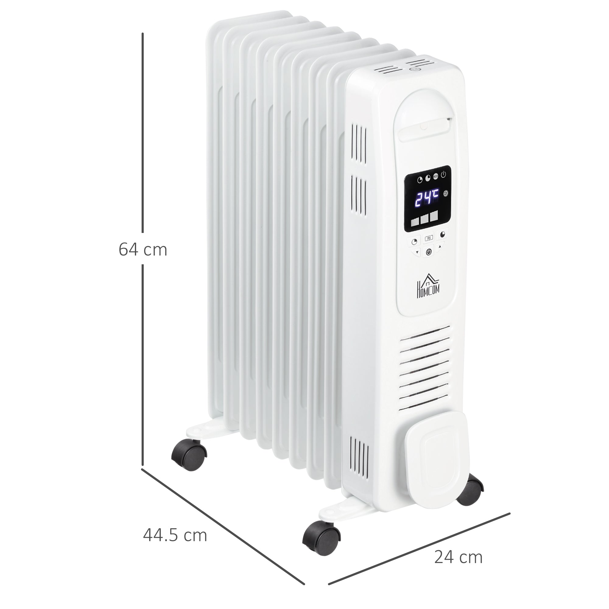 2180W Digital Oil Filled Radiator, 9 Fin, Portable Electric Heater with LED Display, 3 Heat Settings, Safety Cut-Off and Remote Control, White