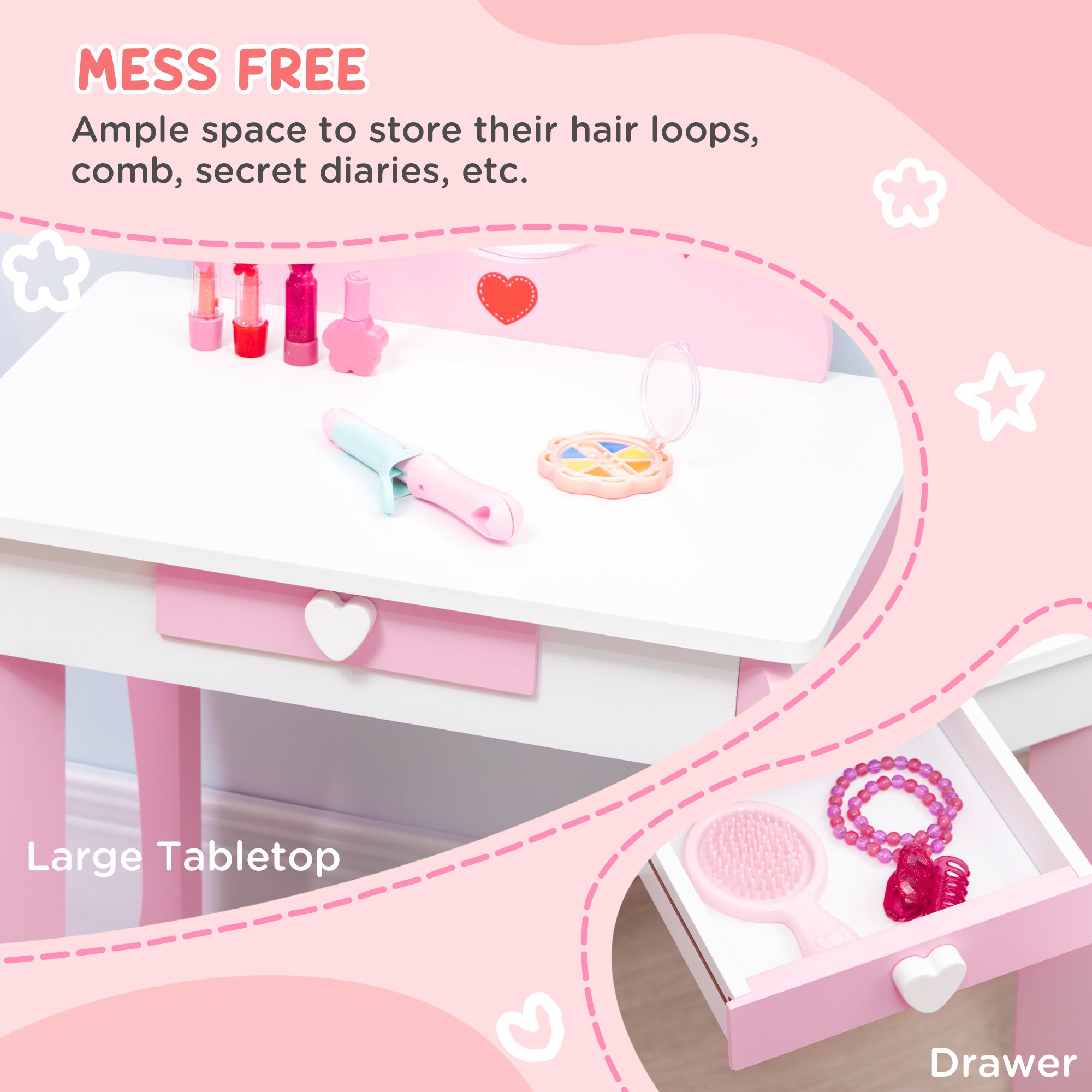 4PCs Kids Bedroom Furniture Set with Bed, Toy Box Bench, Dressing Table and Stool, Princess Themed, for 3-6 Years Old, Pink