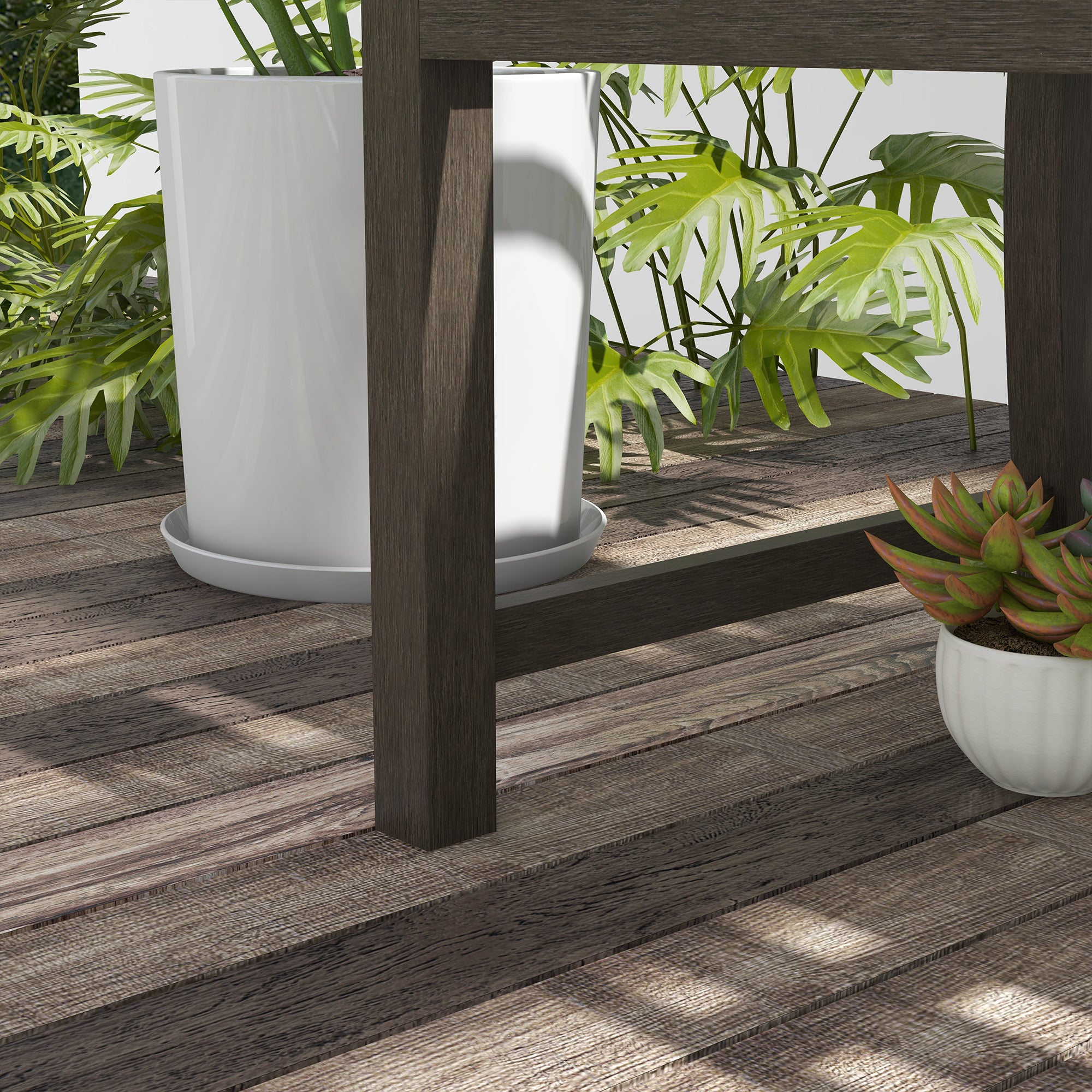 2 Seater Metal Garden Bench with Slatted Seat and Curved Armrests - Brown