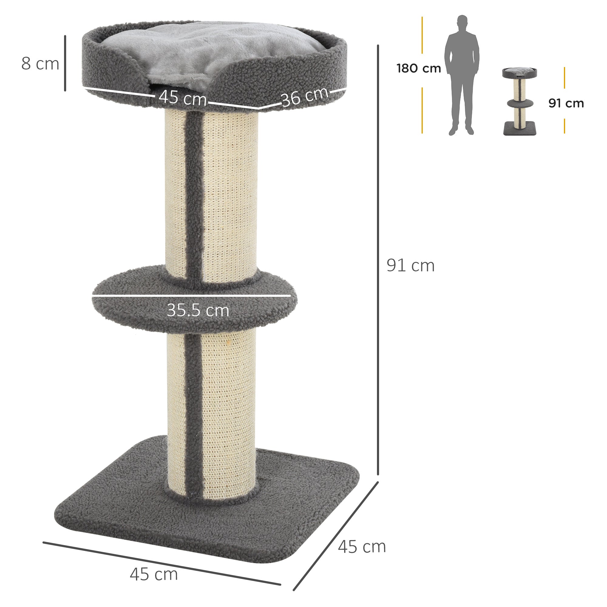 81cm Cat Tree with Sisal Scratching Post, Cat Tower Kitten Activity Center climbing frame with large platform Lamb Cashmere Perch, Grey