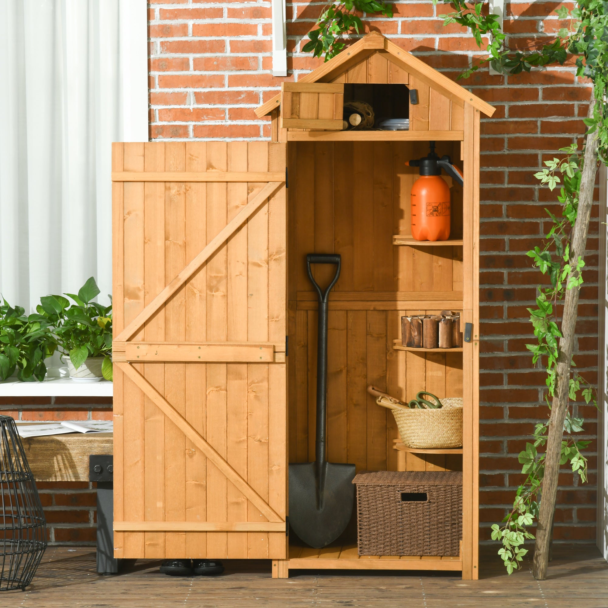 Wooden Garden Storage Shed Vertical Tool Cabinet Organiser w/ Shelves, Lockable Door, 77 x 54.2 x 179 cm, Brown