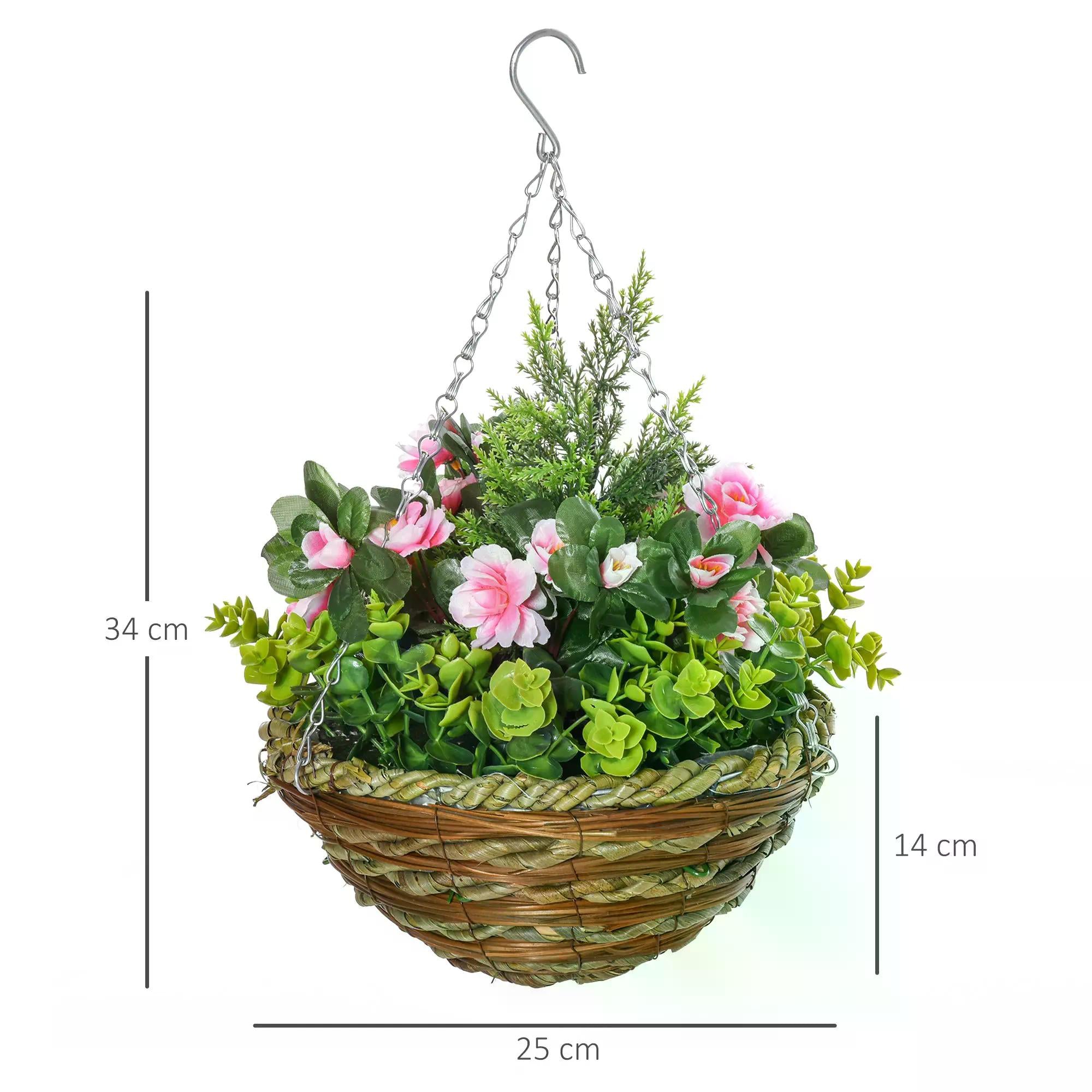 Set of 2 Artificial Plant Lisianthus Flowers Hanging Planter with Basket for Indoor Outdoor Decoration