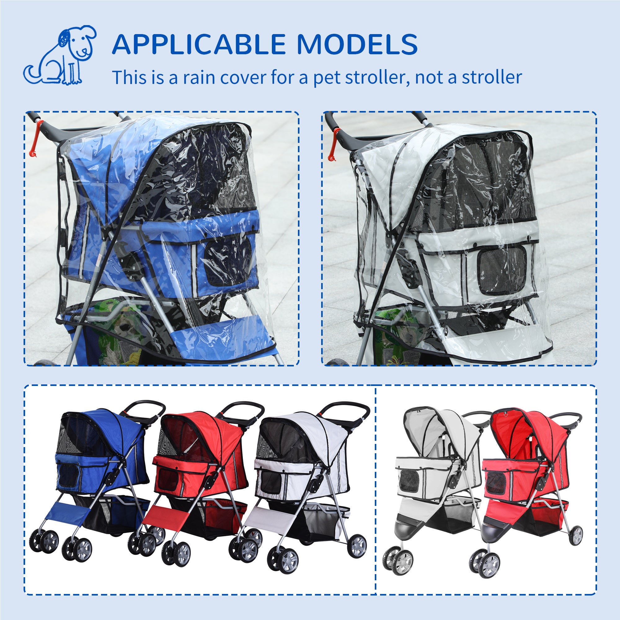 Dog Stroller with Rain Cover for Small Miniature Dogs, Folding Pet Pram with Cup Holder, Storage Basket, Reflective Strips, Blue