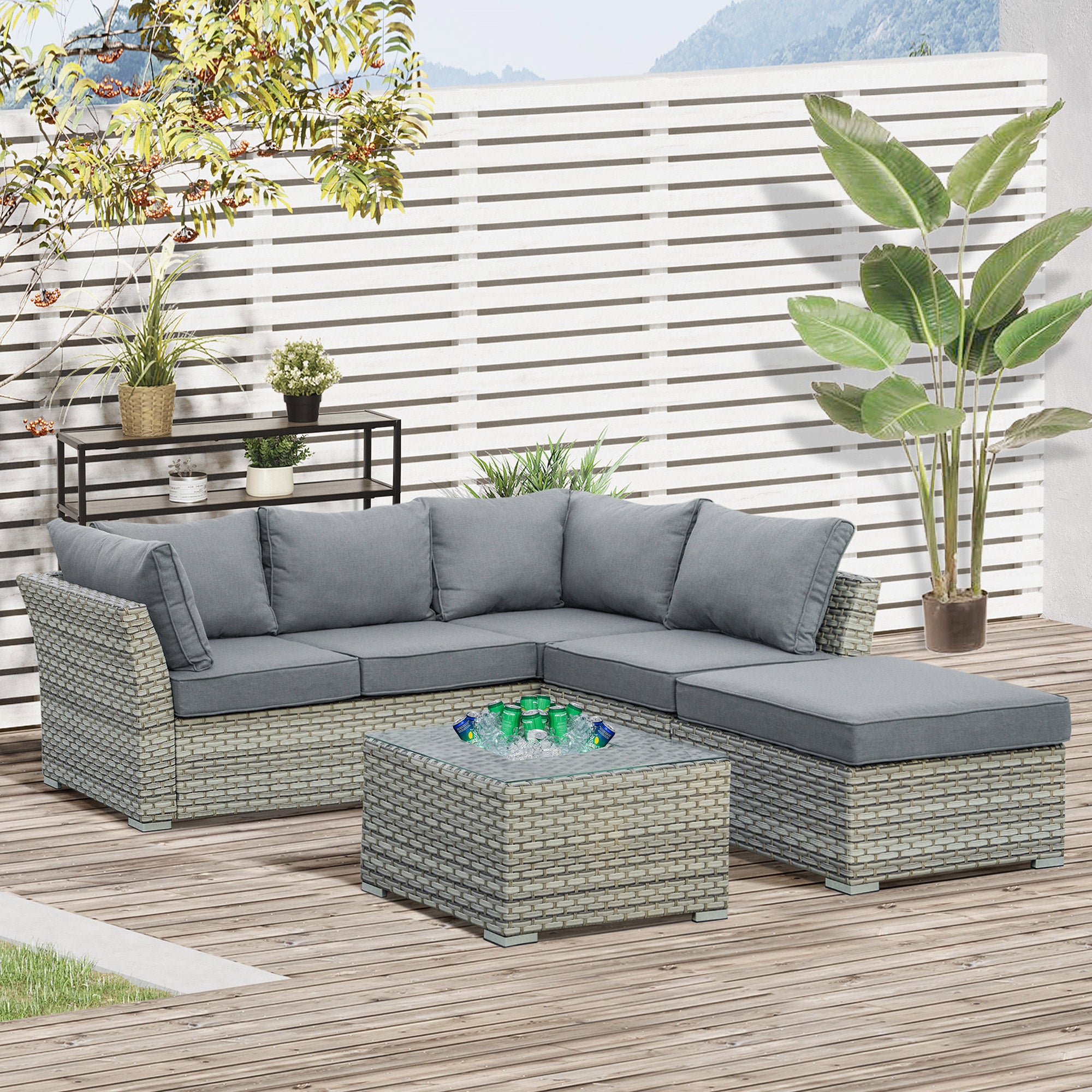 5-Seater PE Rattan Sofa Set Patio Corner Sofa Wicker Sectional Conversation Aluminum Frame Furniture Set w/ Padded Cushion, Light Grey