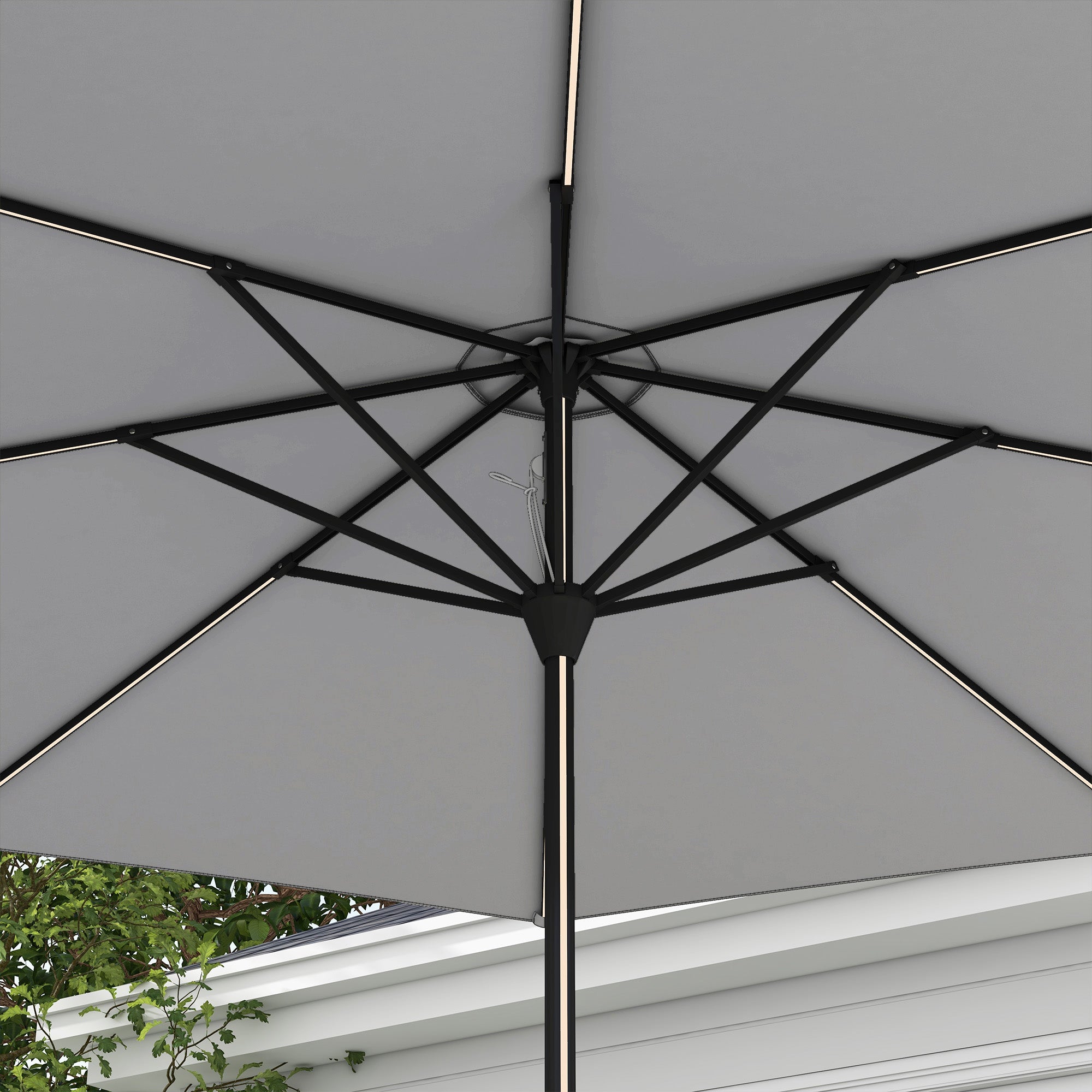 Garden Parasol with LED Lights, Solar Charged Patio Umbrella with Crank Handle, for Outdoor, Light Grey