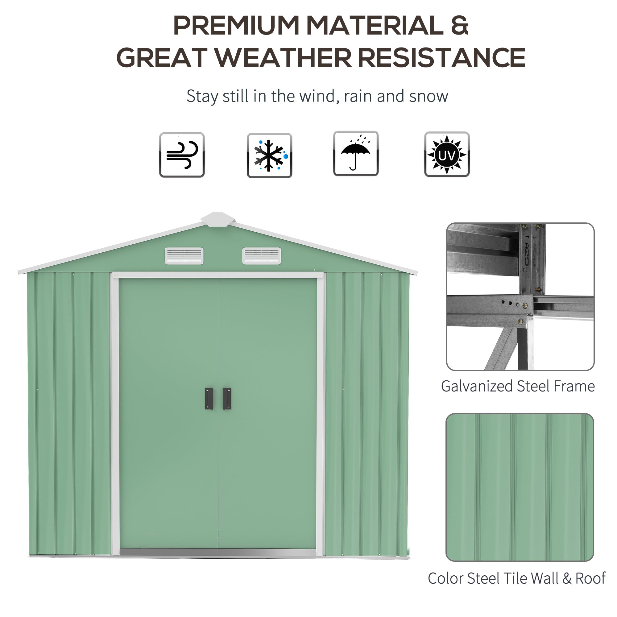 7ft x 4ft Lockable Garden Metal Storage Shed Large Patio Roofed Tool Storage Building Foundation Sheds Box Outdoor Furniture, Light Green