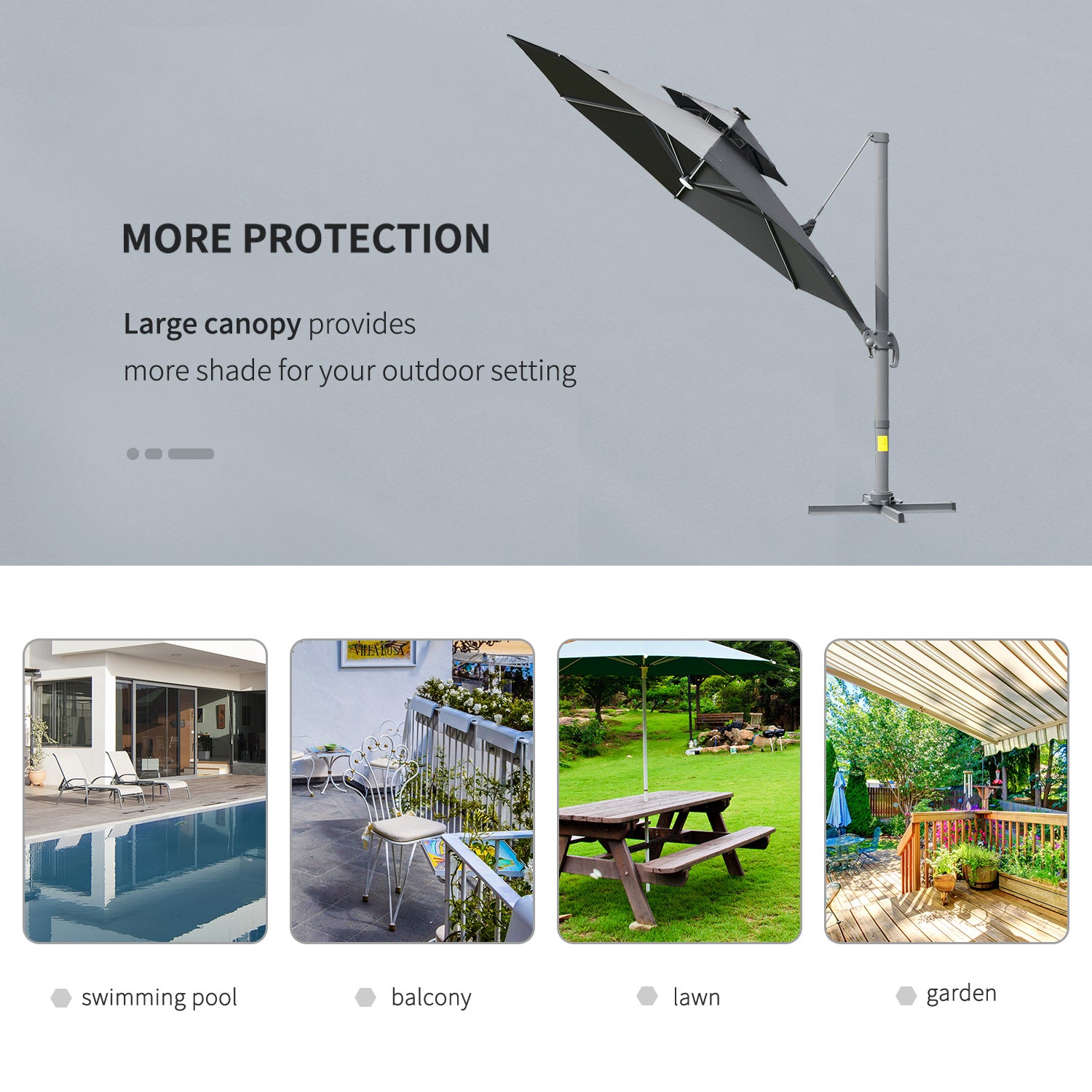 3m Cantilever Parasol w/ Solar Lights Power Bank Cross Base Adjustable Canopy 360° Spin Outdoor Garden Umbrella 2-Tier Roof Sun Shade Grey