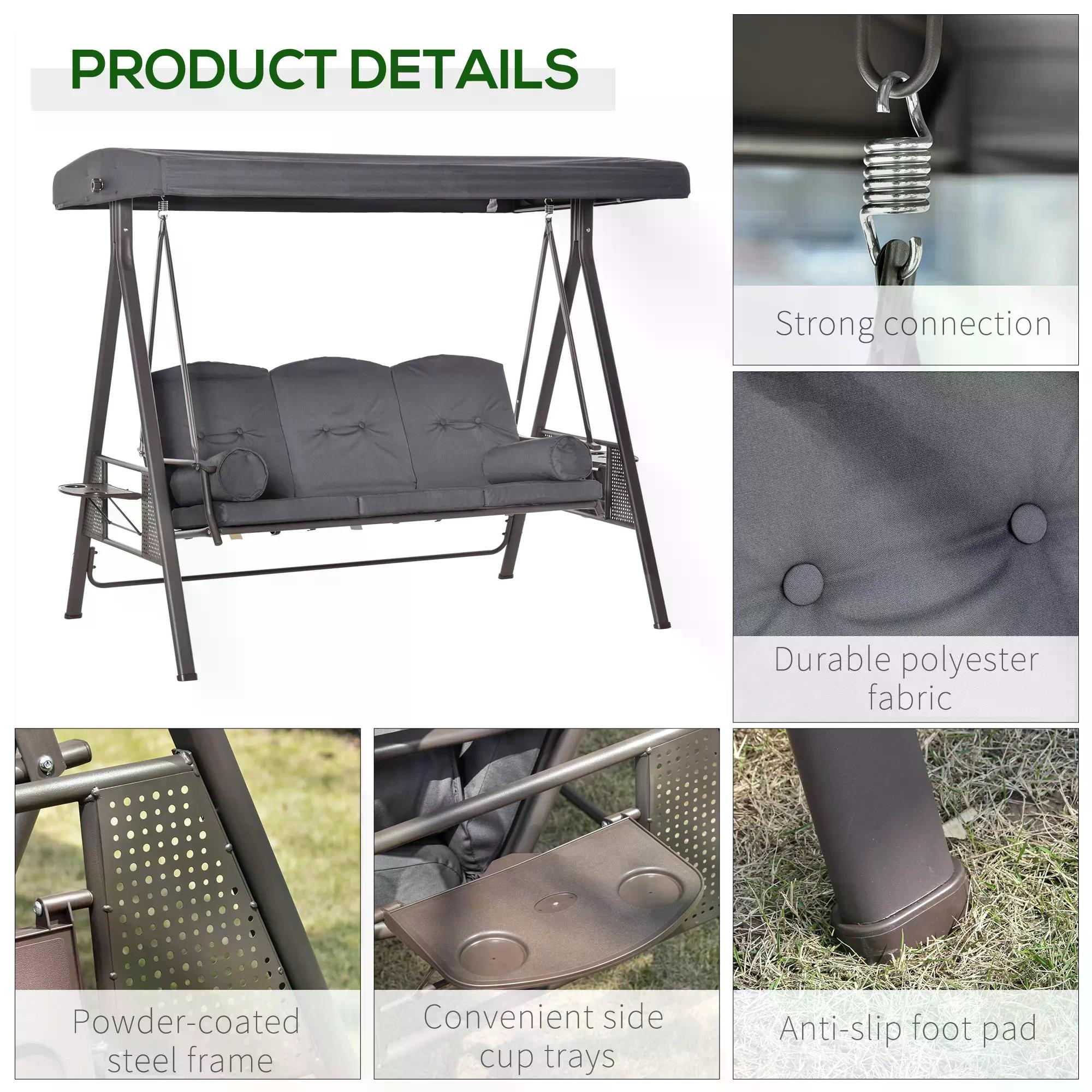 3 Seater Garden Swing Chair Outdoor Hammock Bench w/ Adjustable Canopy, Cushions and Cup Trays, Steel Frame, Dark Grey