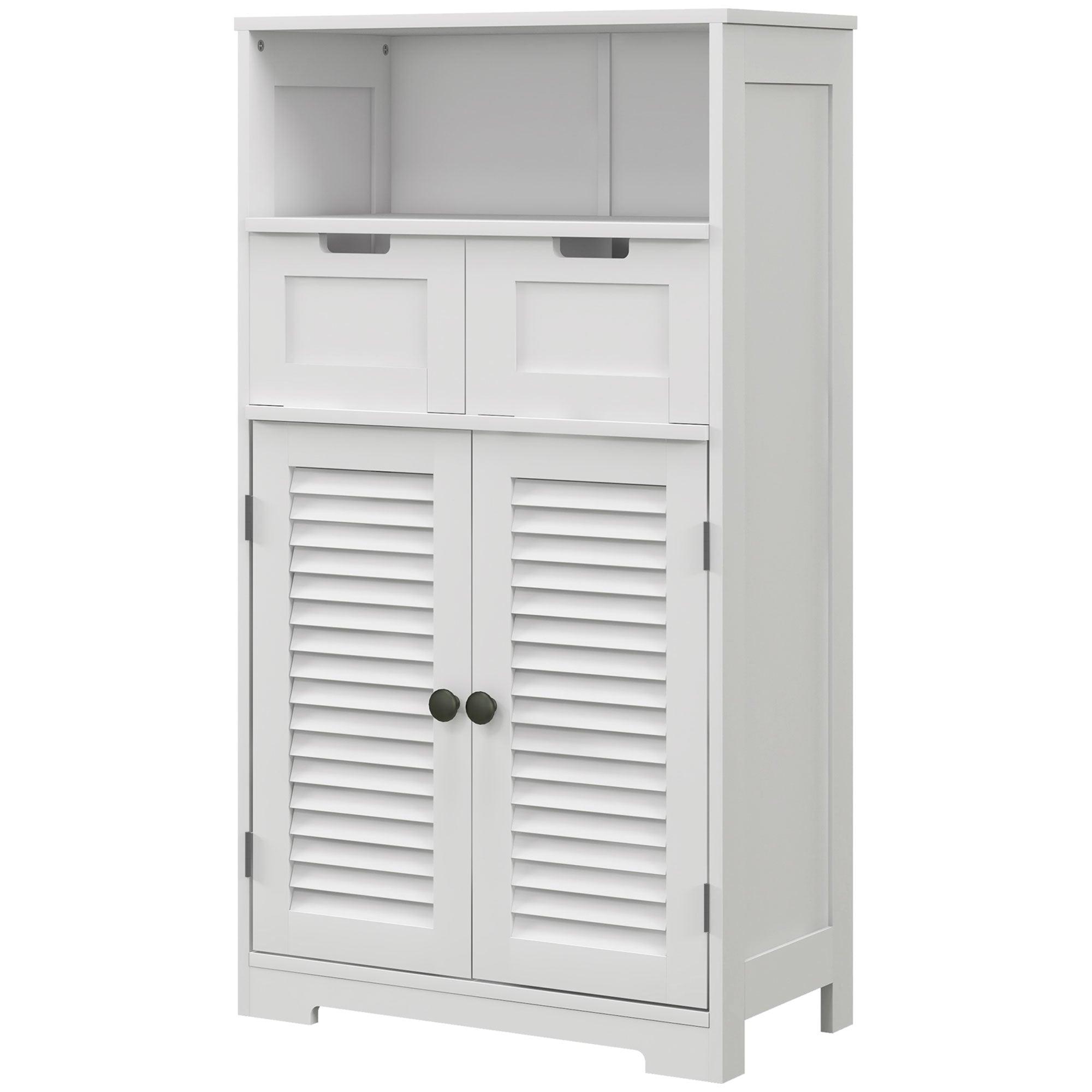 Bathroom Storage Unit with Louvred Doors, Bathroom Floor Cabinet with Drawers, Open Shelf and Adjustable Shelf