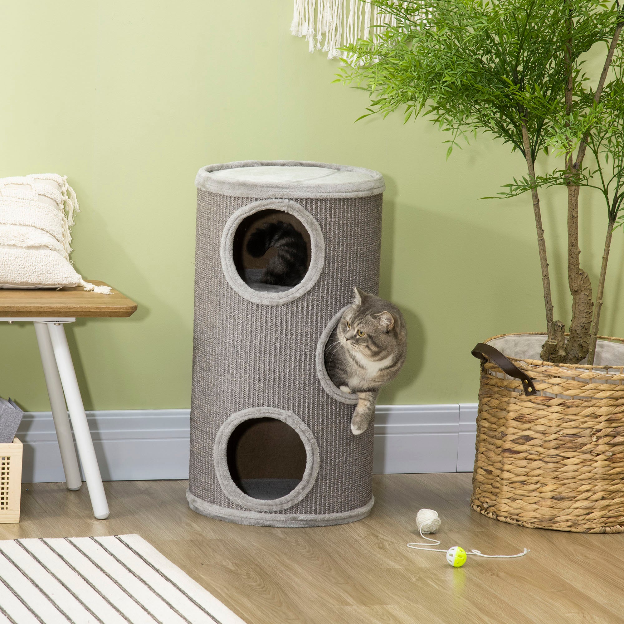 Cat Barrel Kitten Tree Tower for Indoor Cats, Cat Climbing Frame Covered with Sisal, Cosy Platform - Light Grey